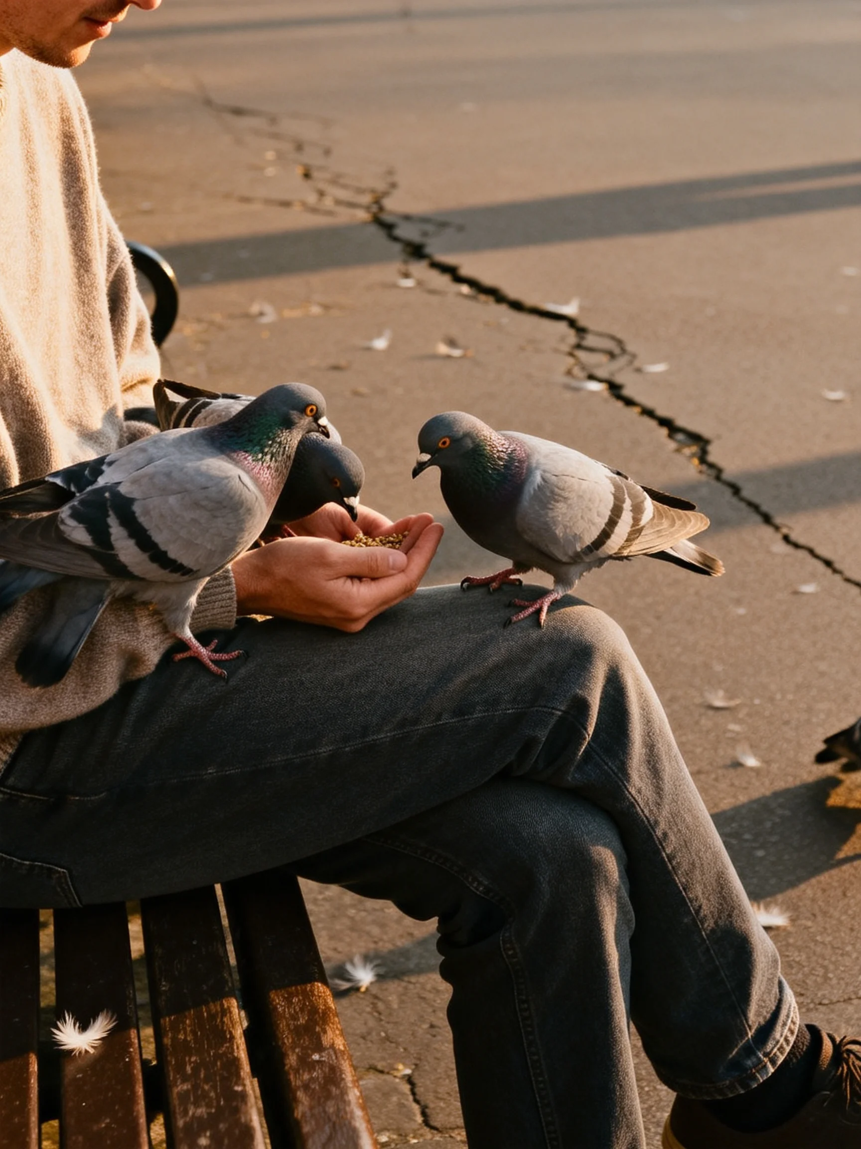 Three pigeons feed from a person’s hand on a wooden bench