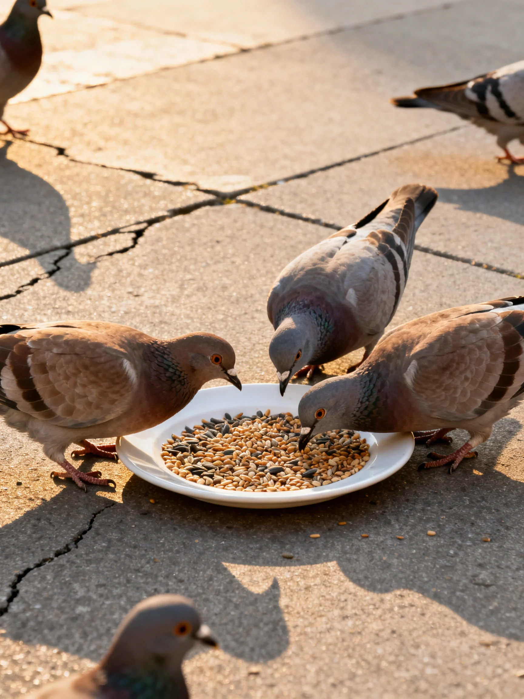 Three pigeons feed from a white dish of mixed seeds on cracked pavement