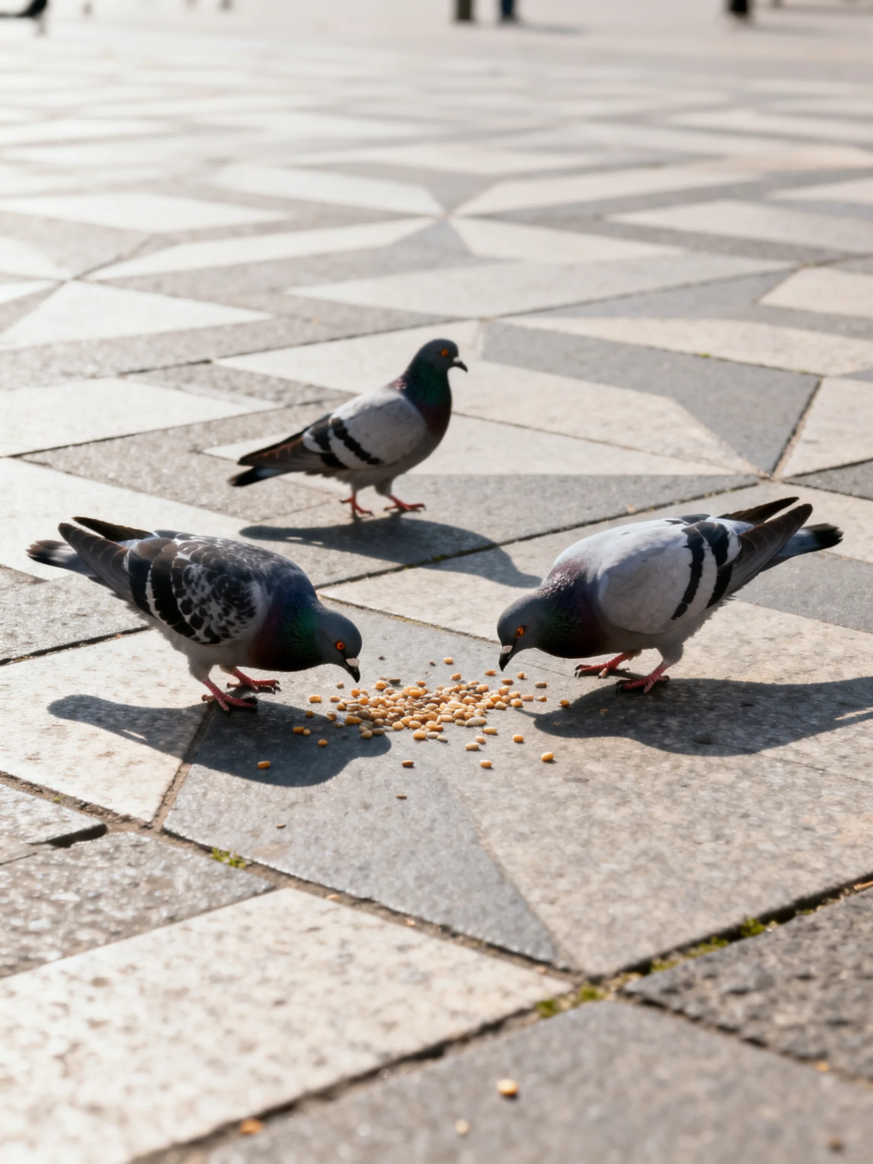 Three pigeons feeding on scattered seeds on geometric-patterned pavement