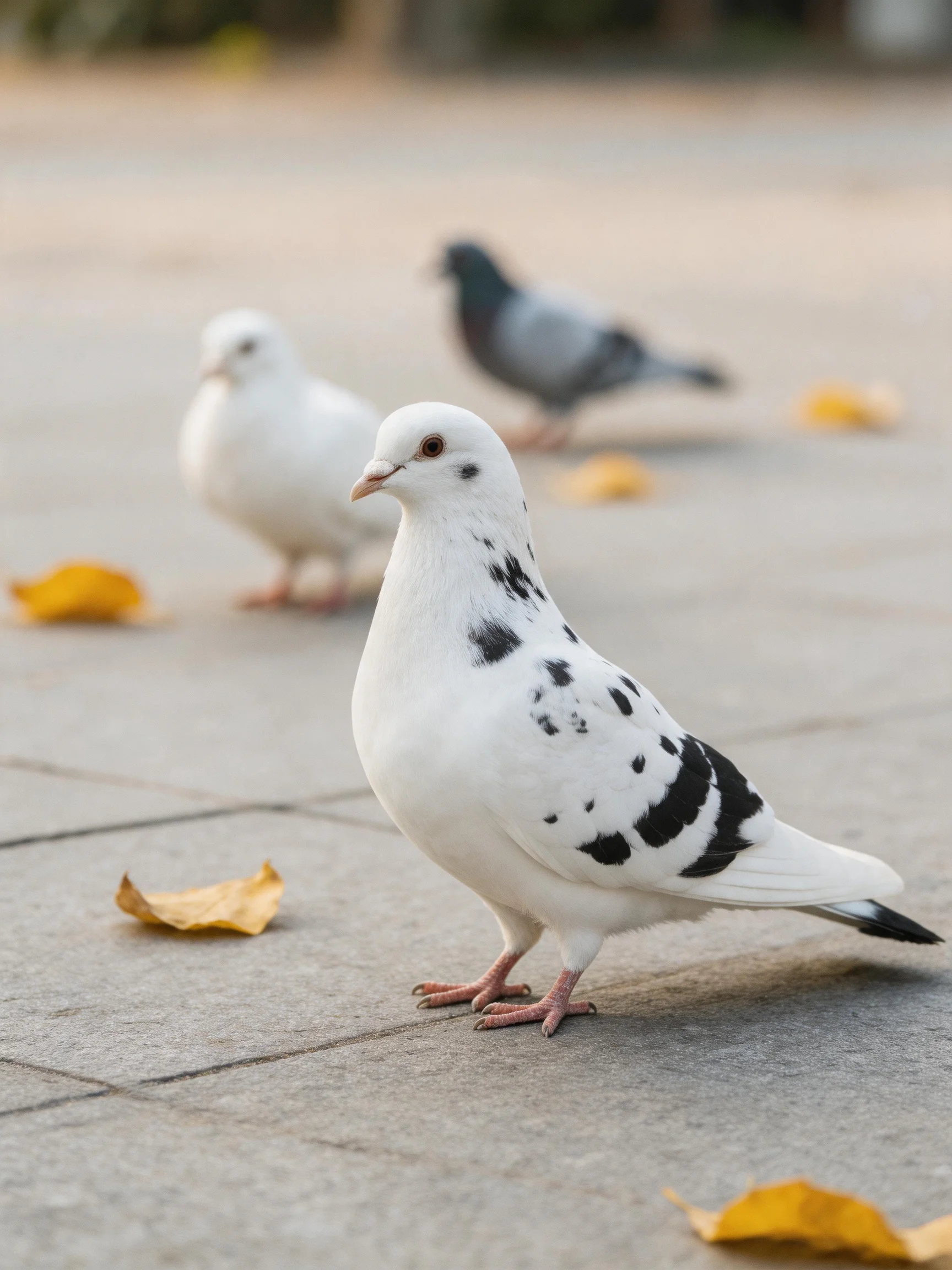 Three pigeons, including a spotted white one, on a paved walkway with scattered yellow leaves