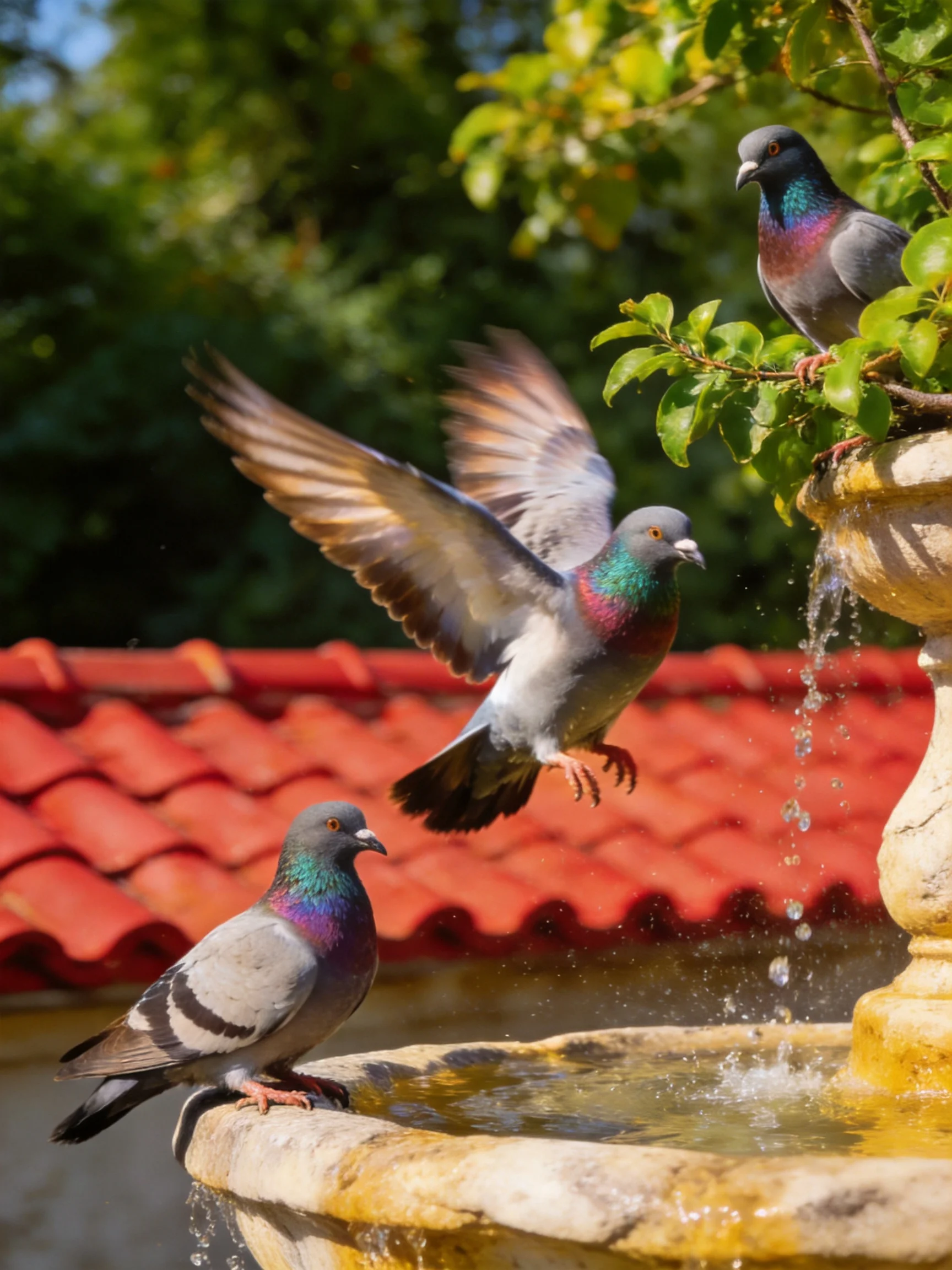 Three pigeons near a stone fountain with a red-tiled roof