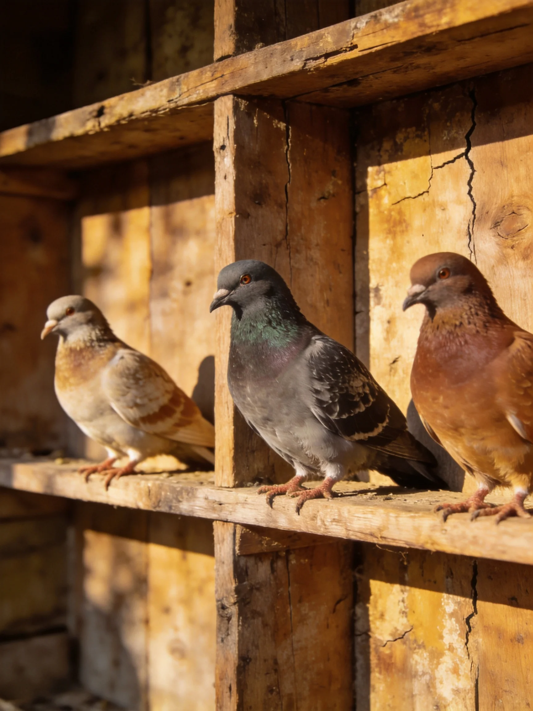 Three pigeons of diverse colors sit on an aged wooden structure