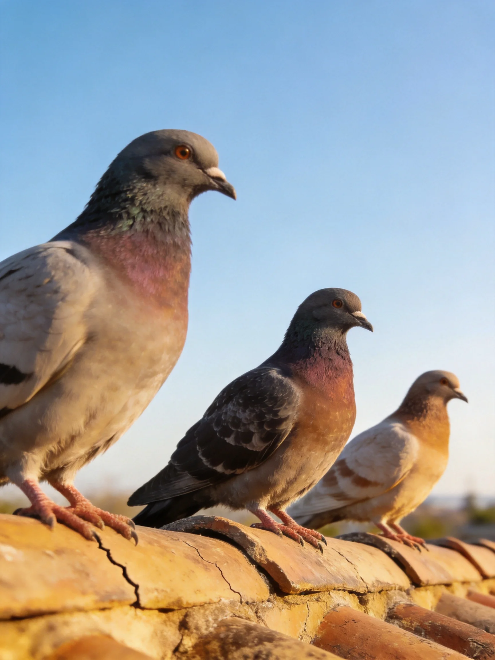 Three pigeons of diverse plumages perch on an aged terracotta roof