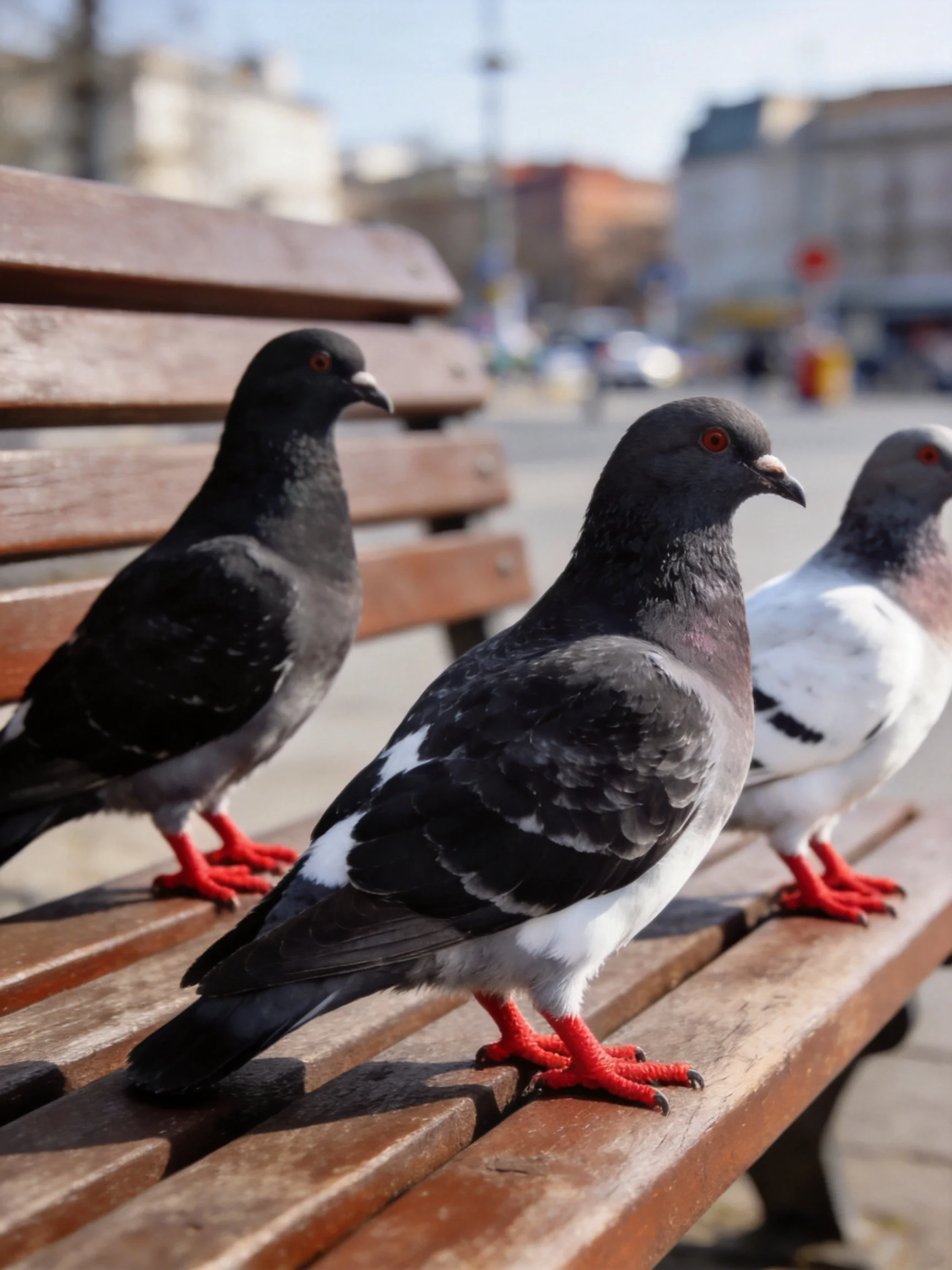 Three pigeons of varied colors rest on a brown wooden bench