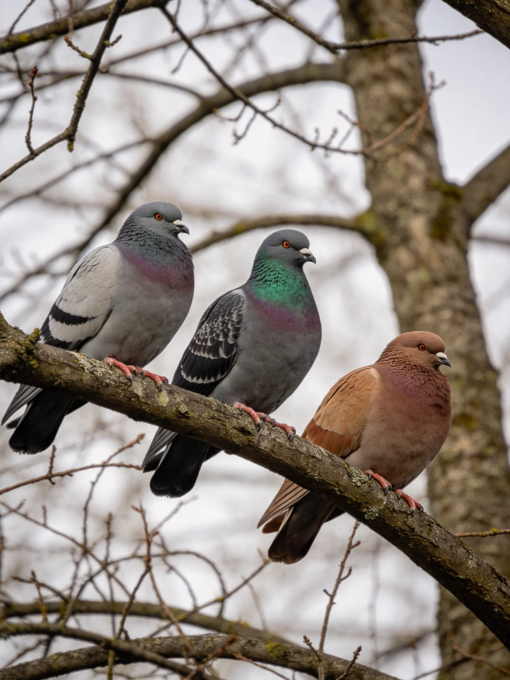 Three pigeons of varied hues rest on a tree branch