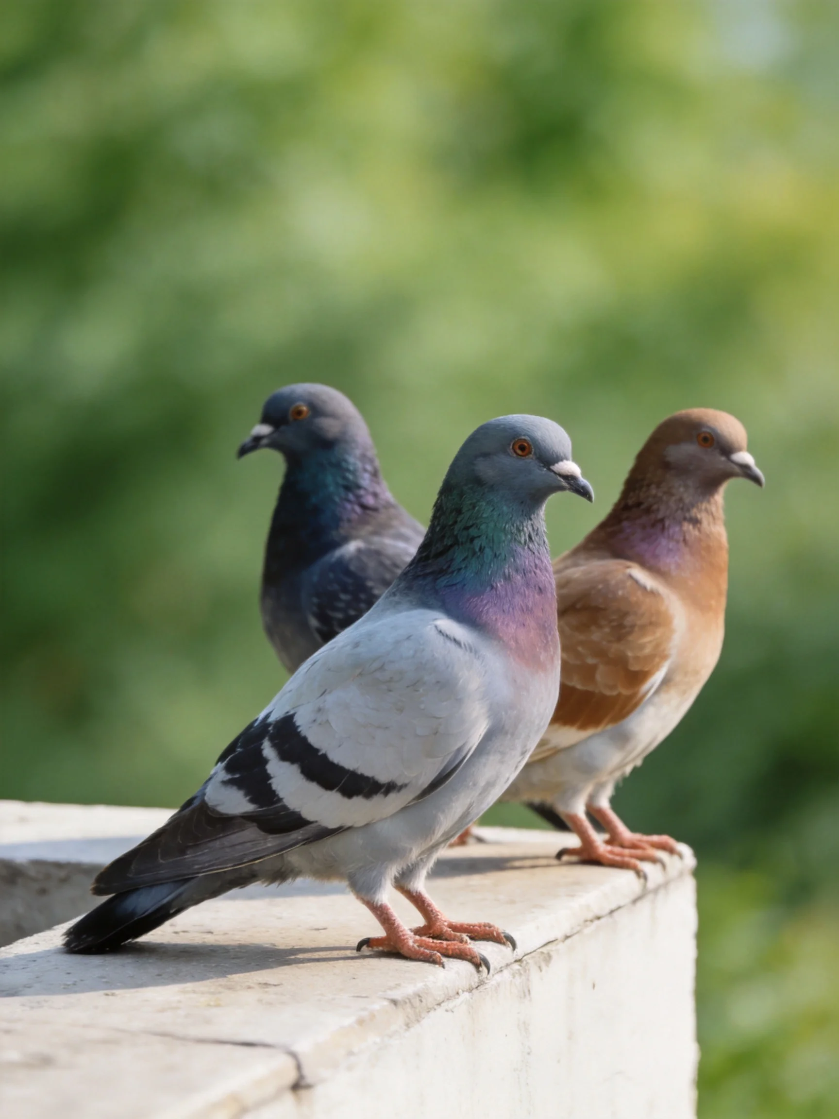 Three pigeons of varying plumage perch on a concrete ledge
