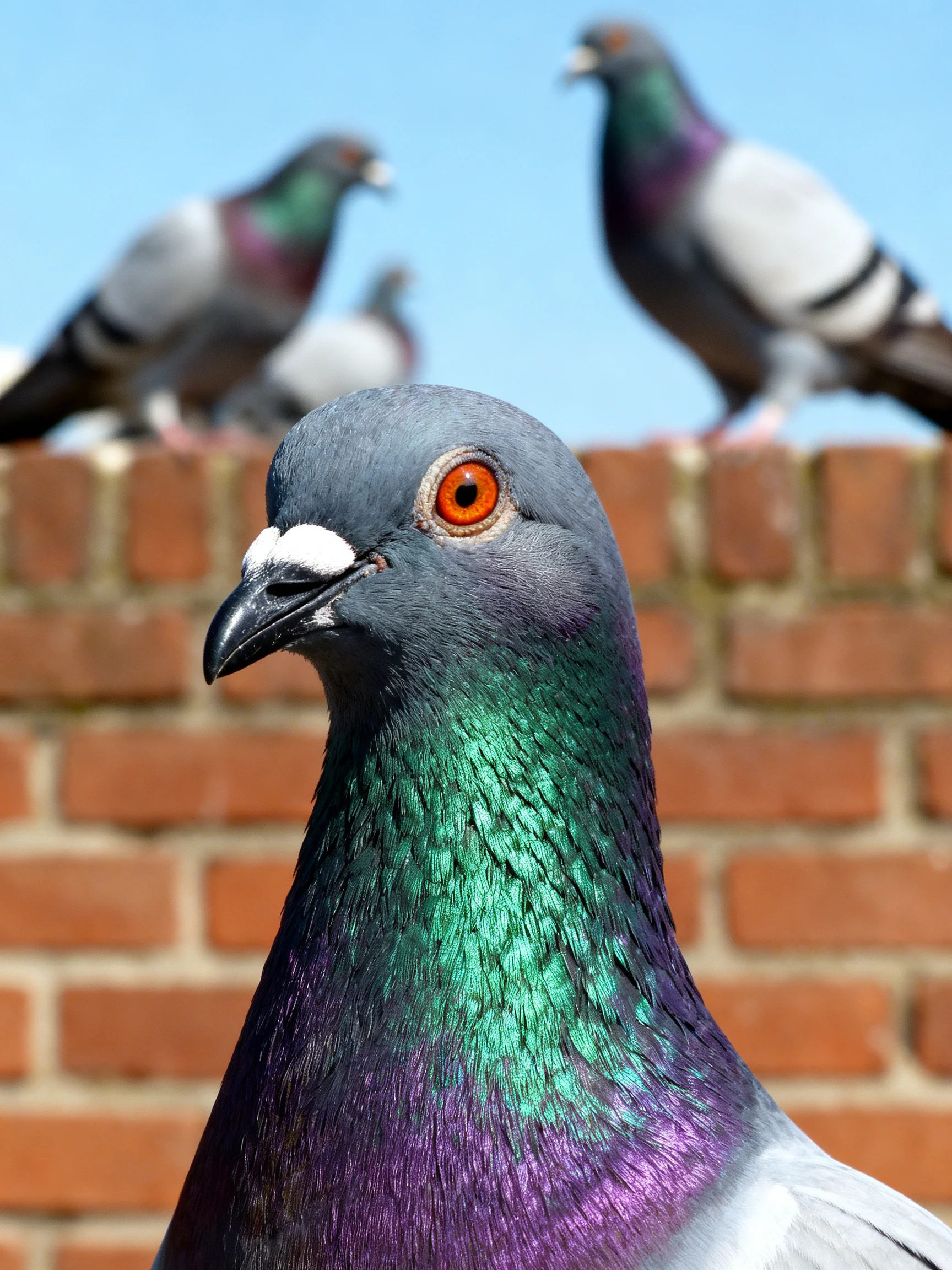 Three pigeons on a brick wall; one has iridescent plumage