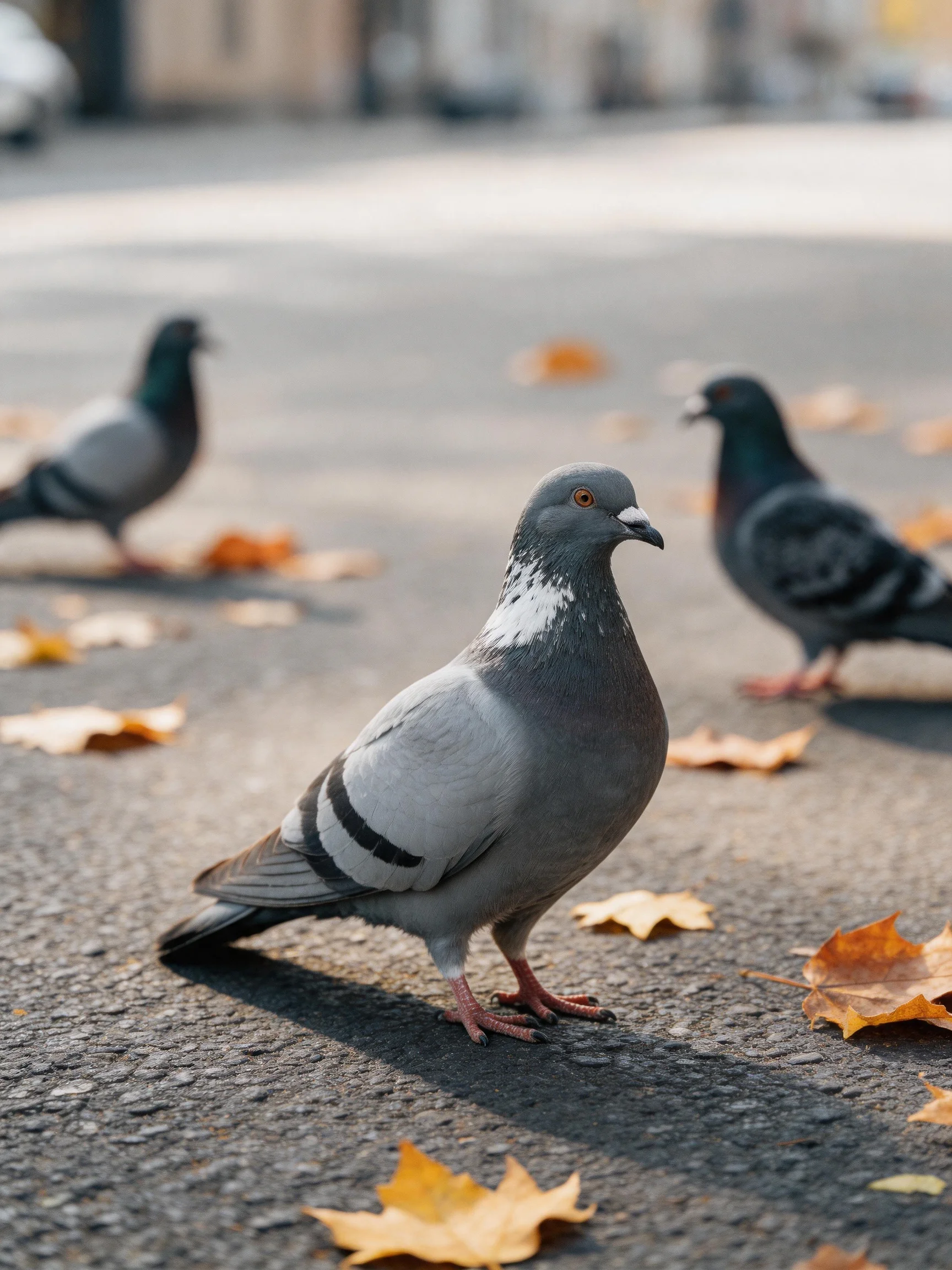 Three pigeons on a paved street with scattered autumn leaves