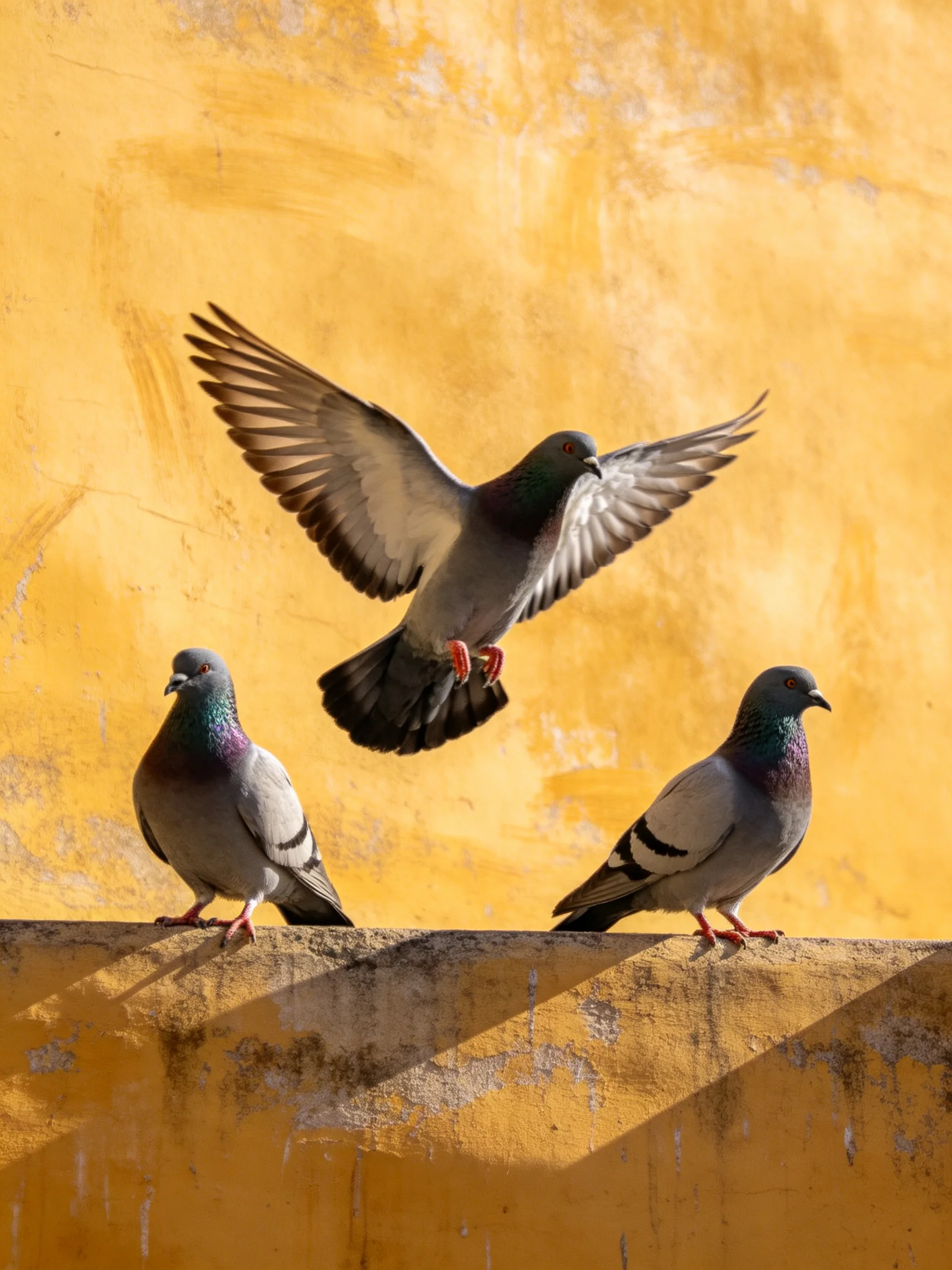 Three pigeons rest on a ledge with one taking flight against a yellow wall.