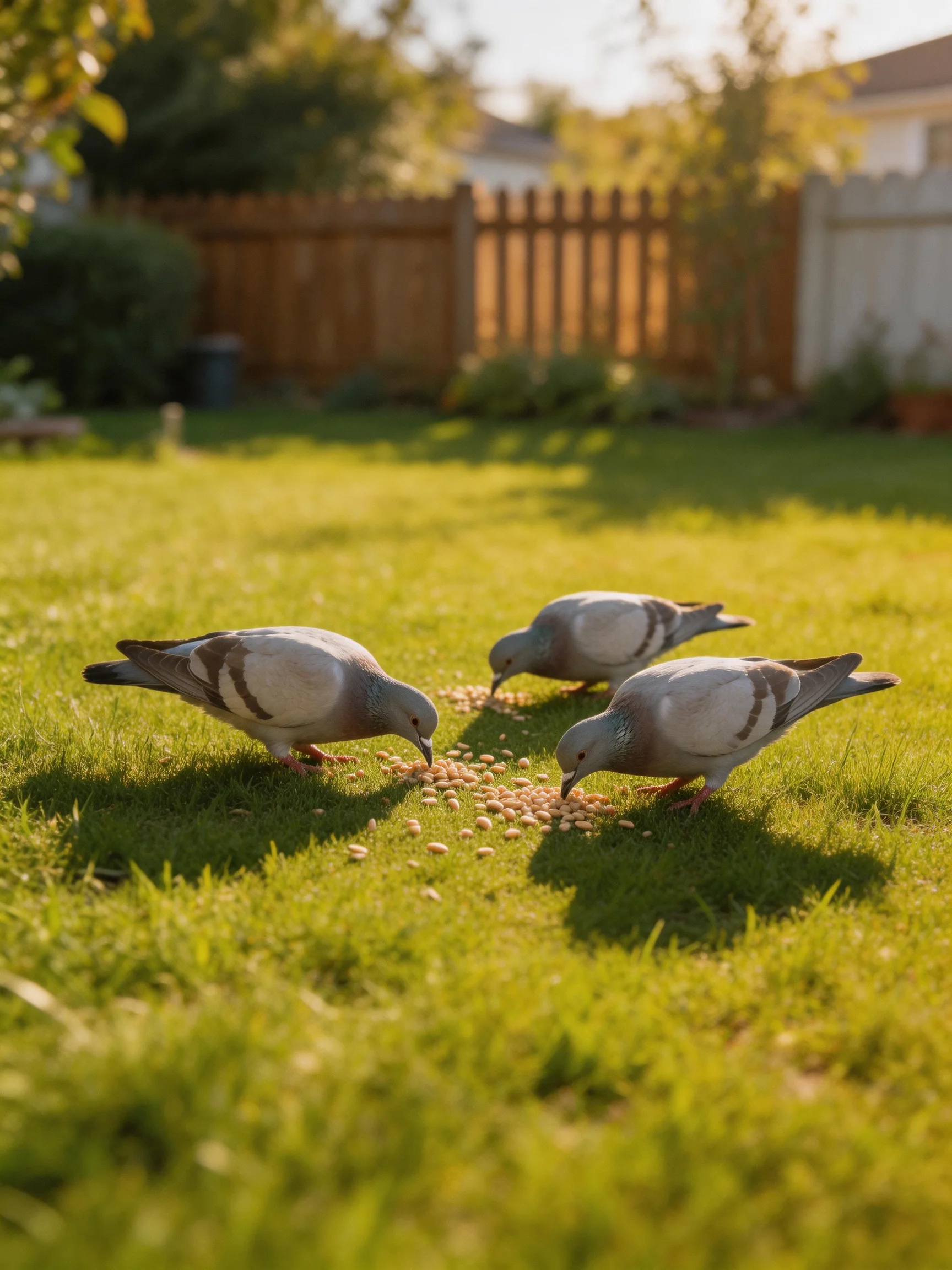 Three pigeons pecking seeds on a lush green lawn near a wooden fence