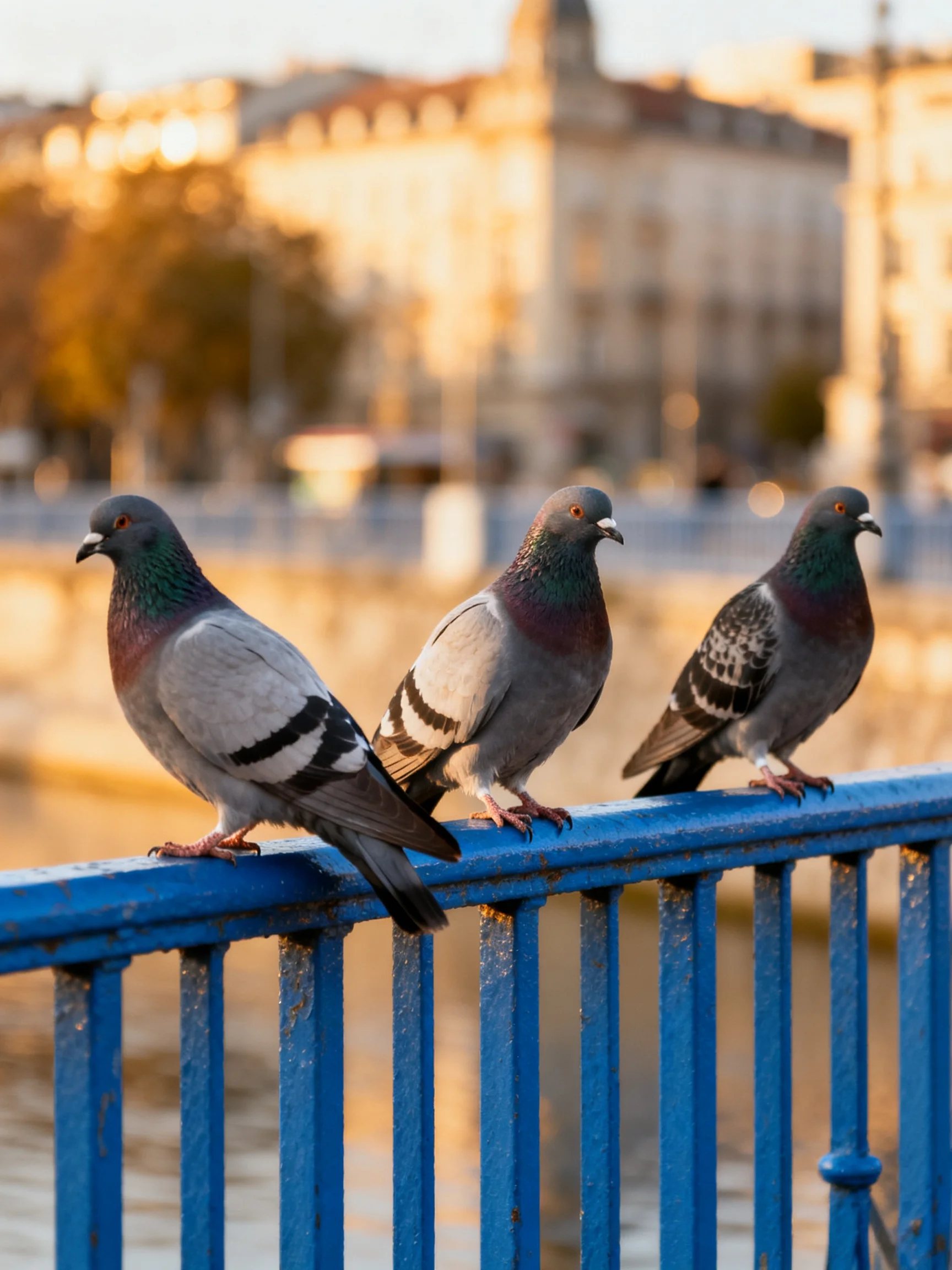Three pigeons perch on a blue railing near golden-hued city buildings