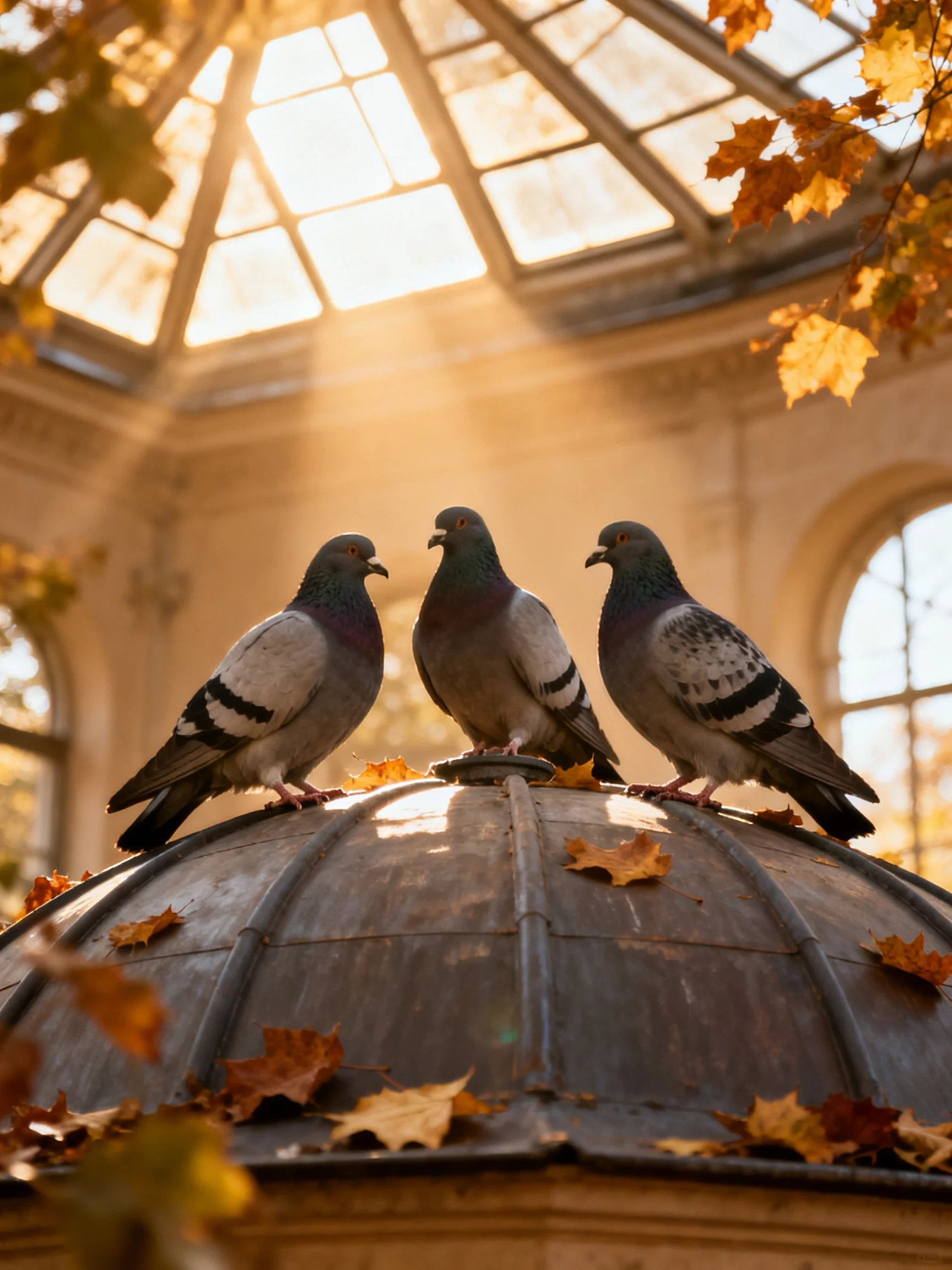 Three pigeons perch on a domed structure with autumn leaves and golden sunlight