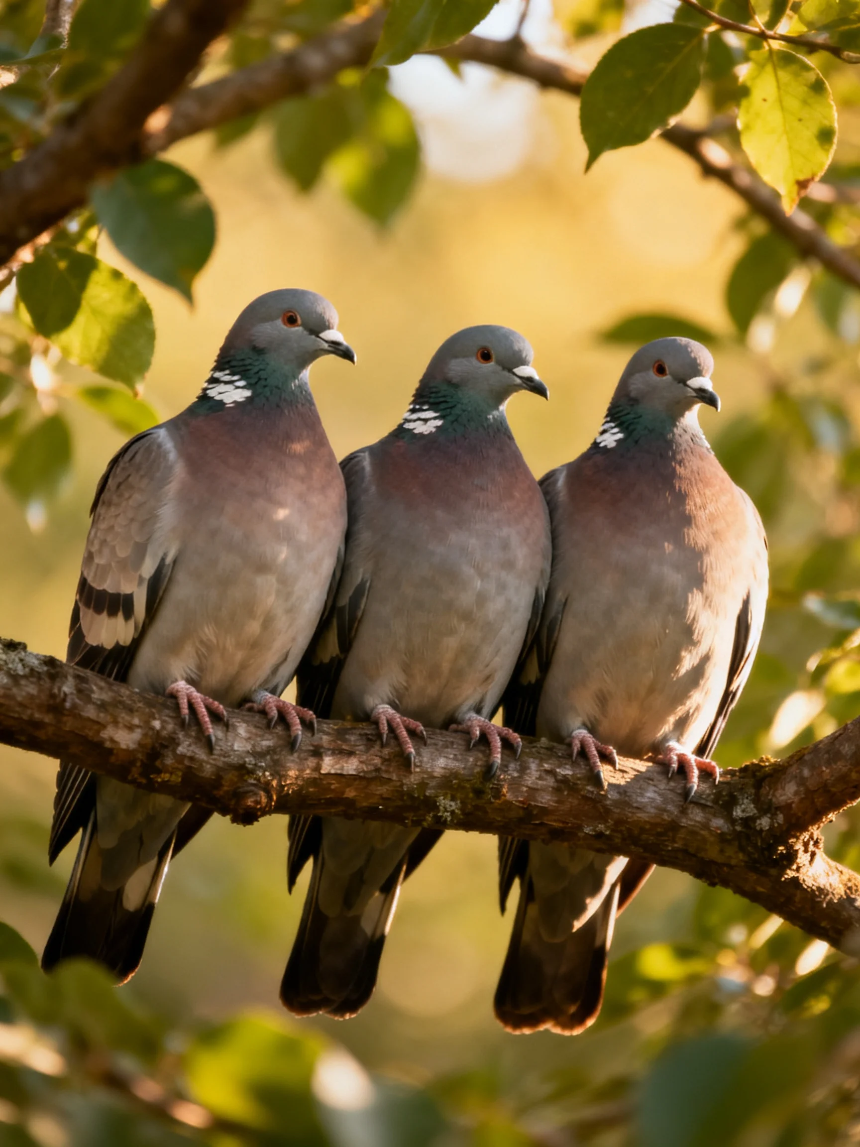 Three pigeons perch on a tree branch amid lush green foliage