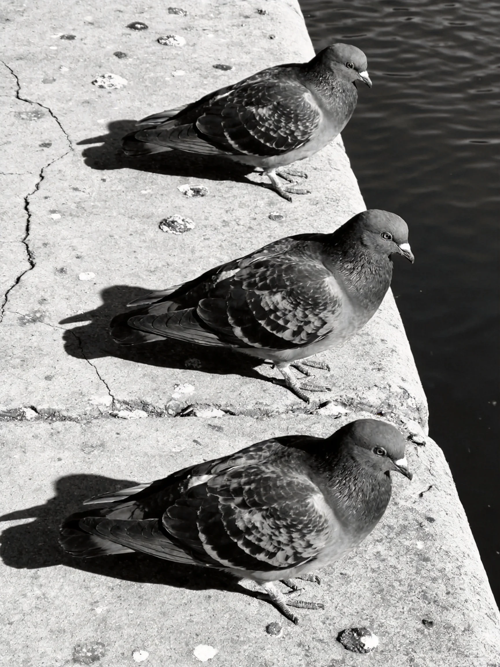 Three pigeons perched on a cracked concrete ledge beside calm water