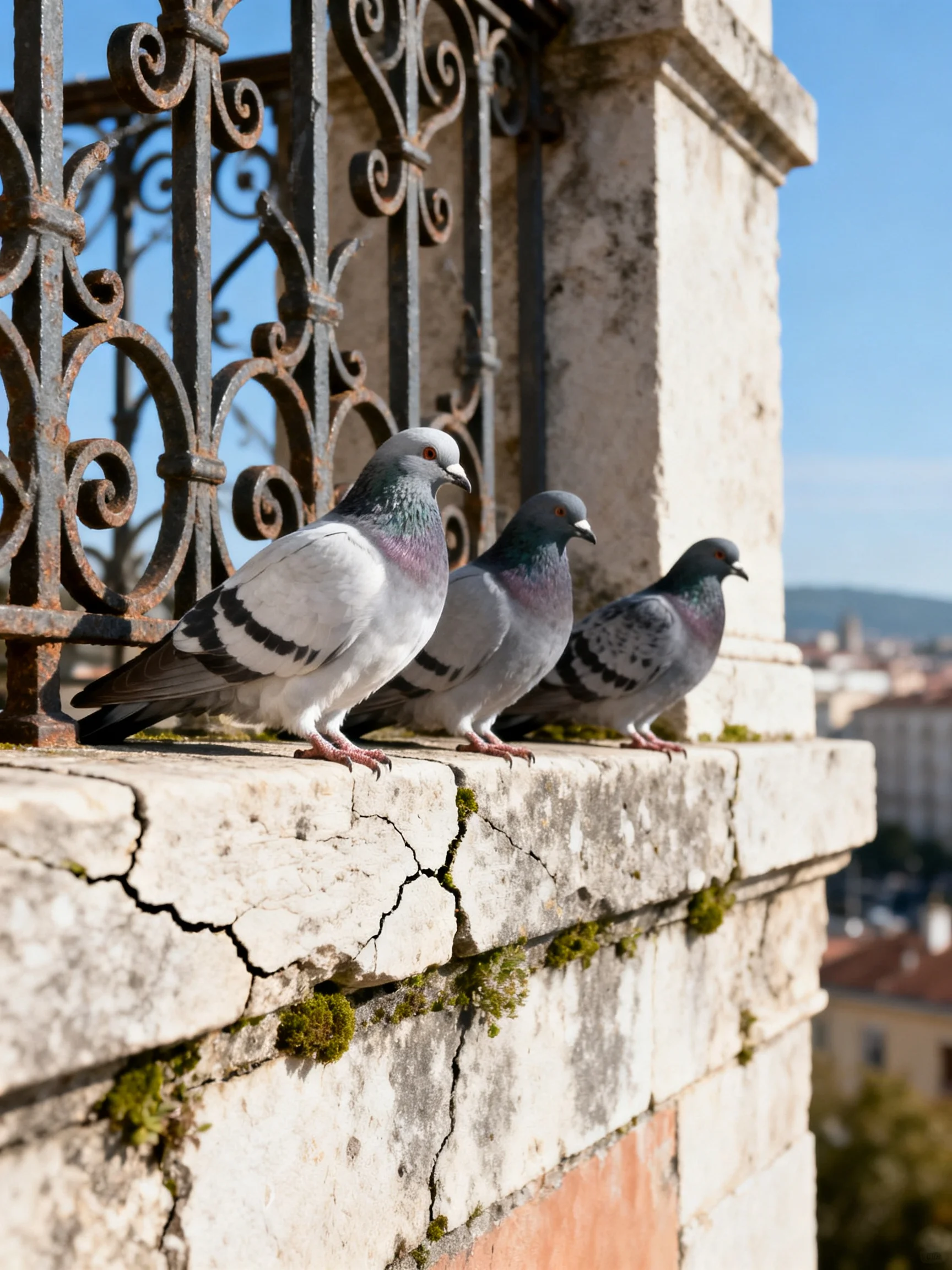 Three pigeons rest on a cracked stone ledge beside wrought iron fencing