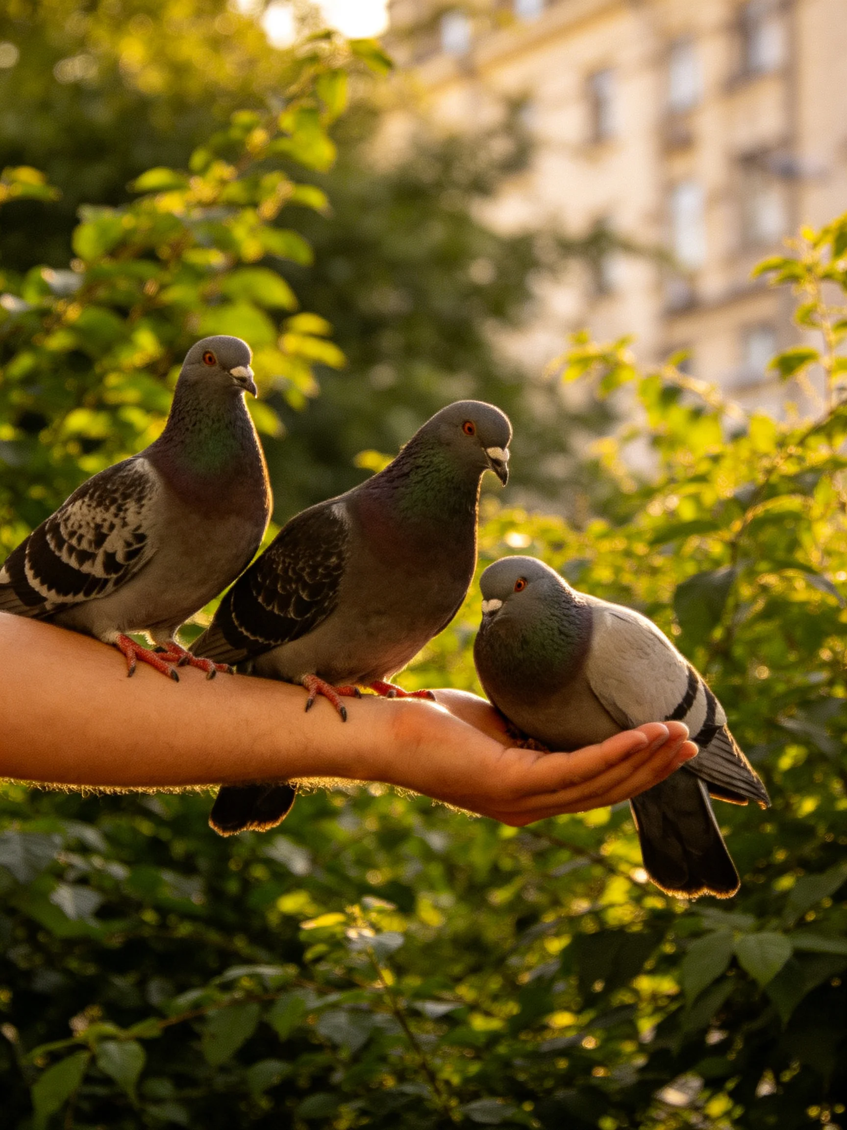 Three pigeons rest on a hand amid lush greenery and a city building