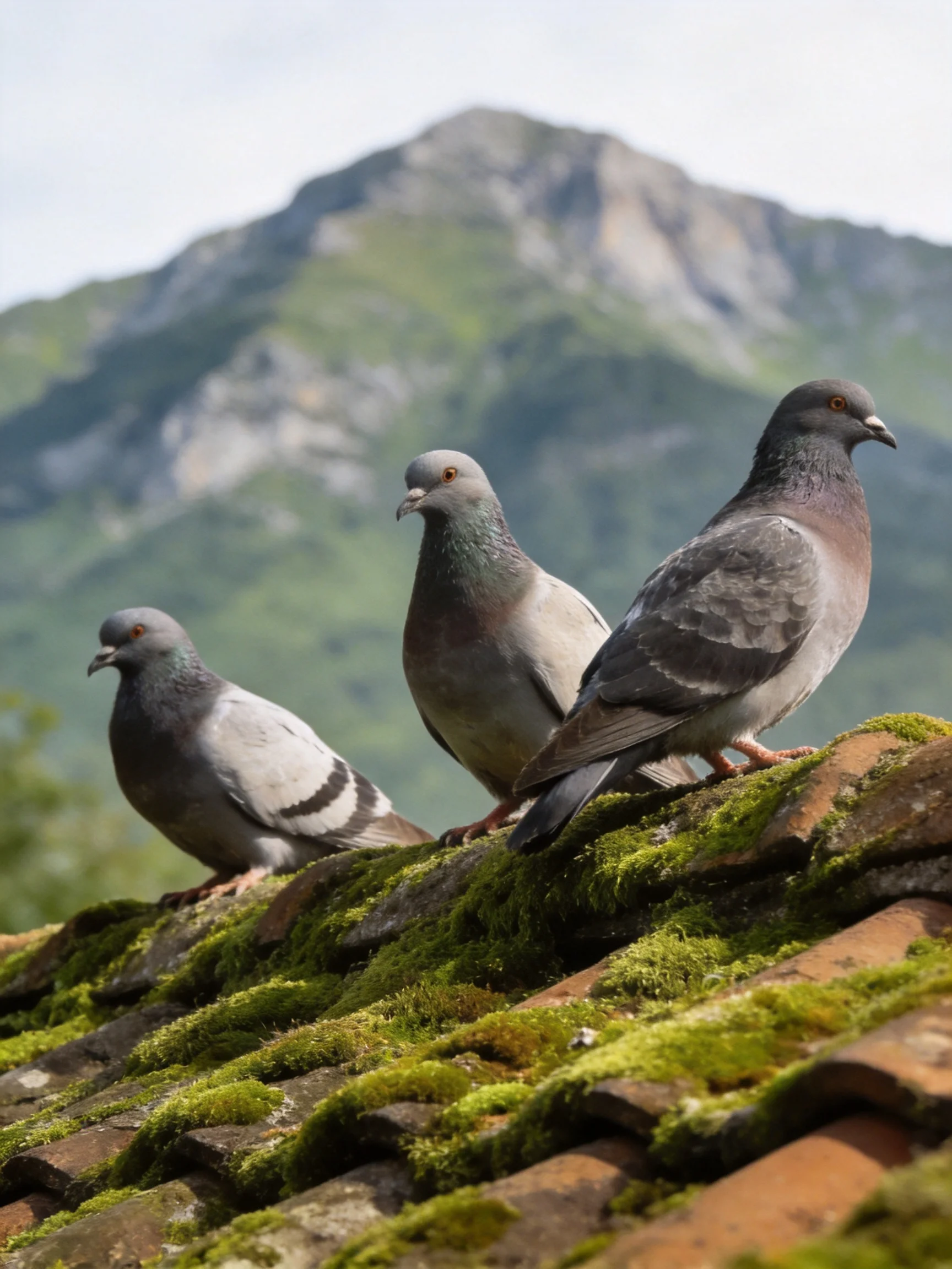 Three pigeons rest on a moss-covered rooftop near a green mountain