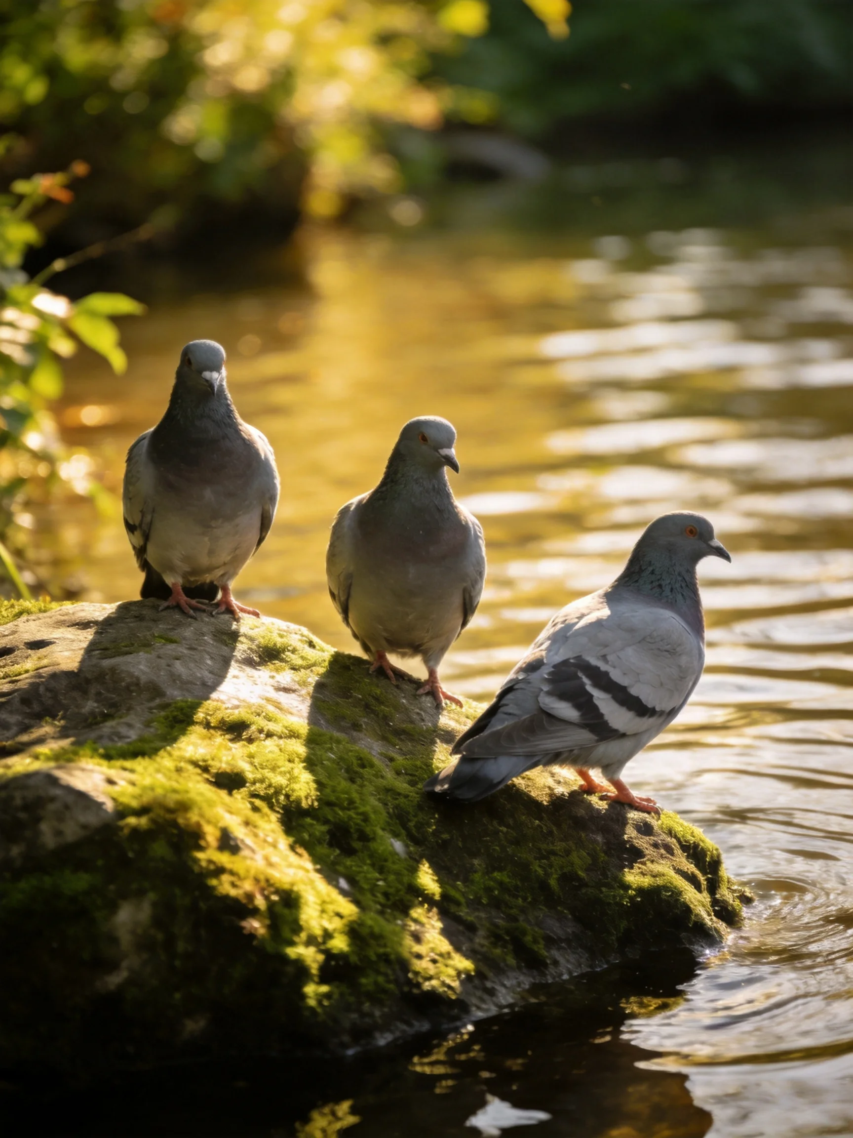 Three pigeons rest on a mossy rock by calm water