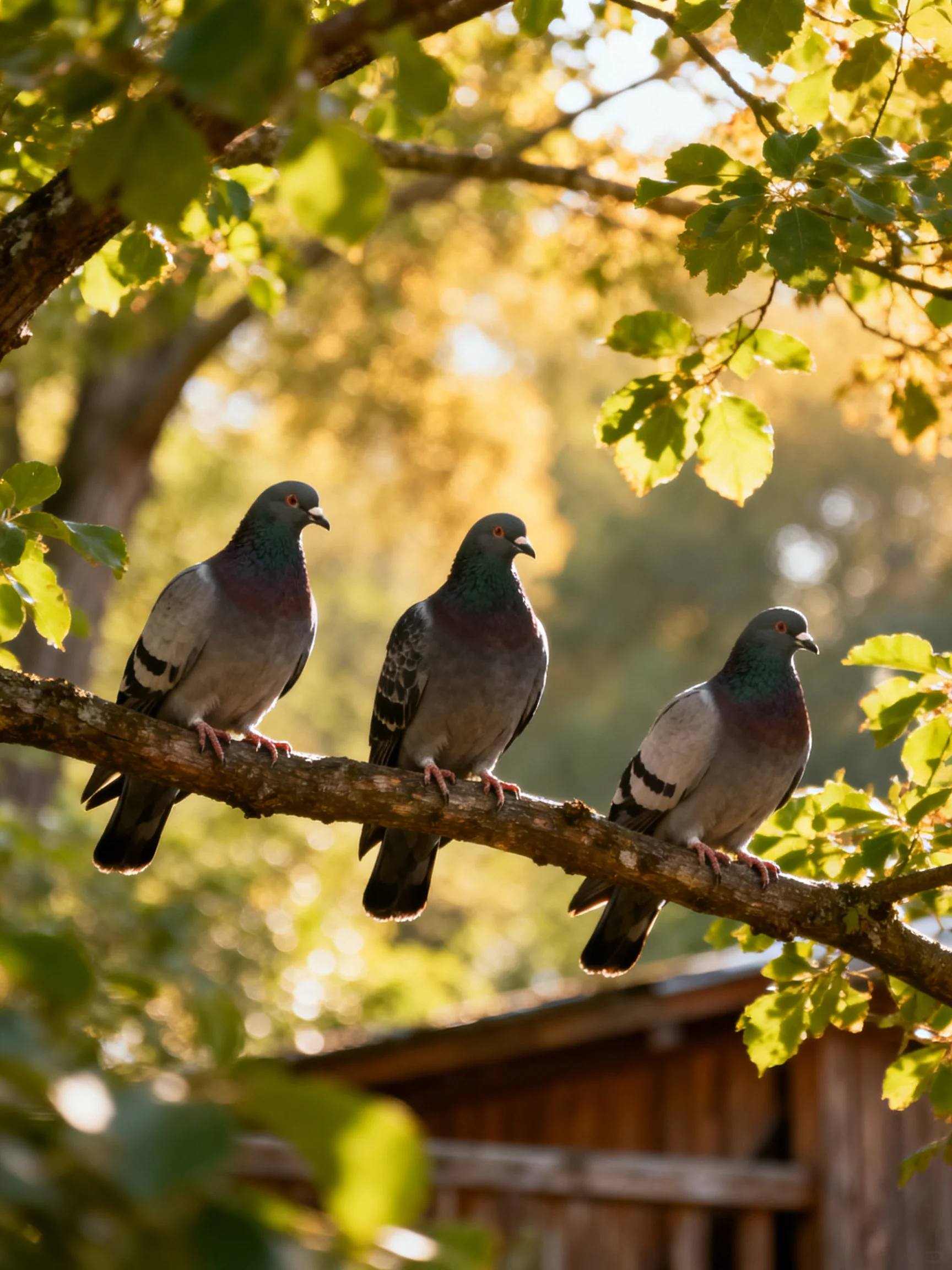 Three pigeons sit on a sunlit tree branch surrounded by greenery.