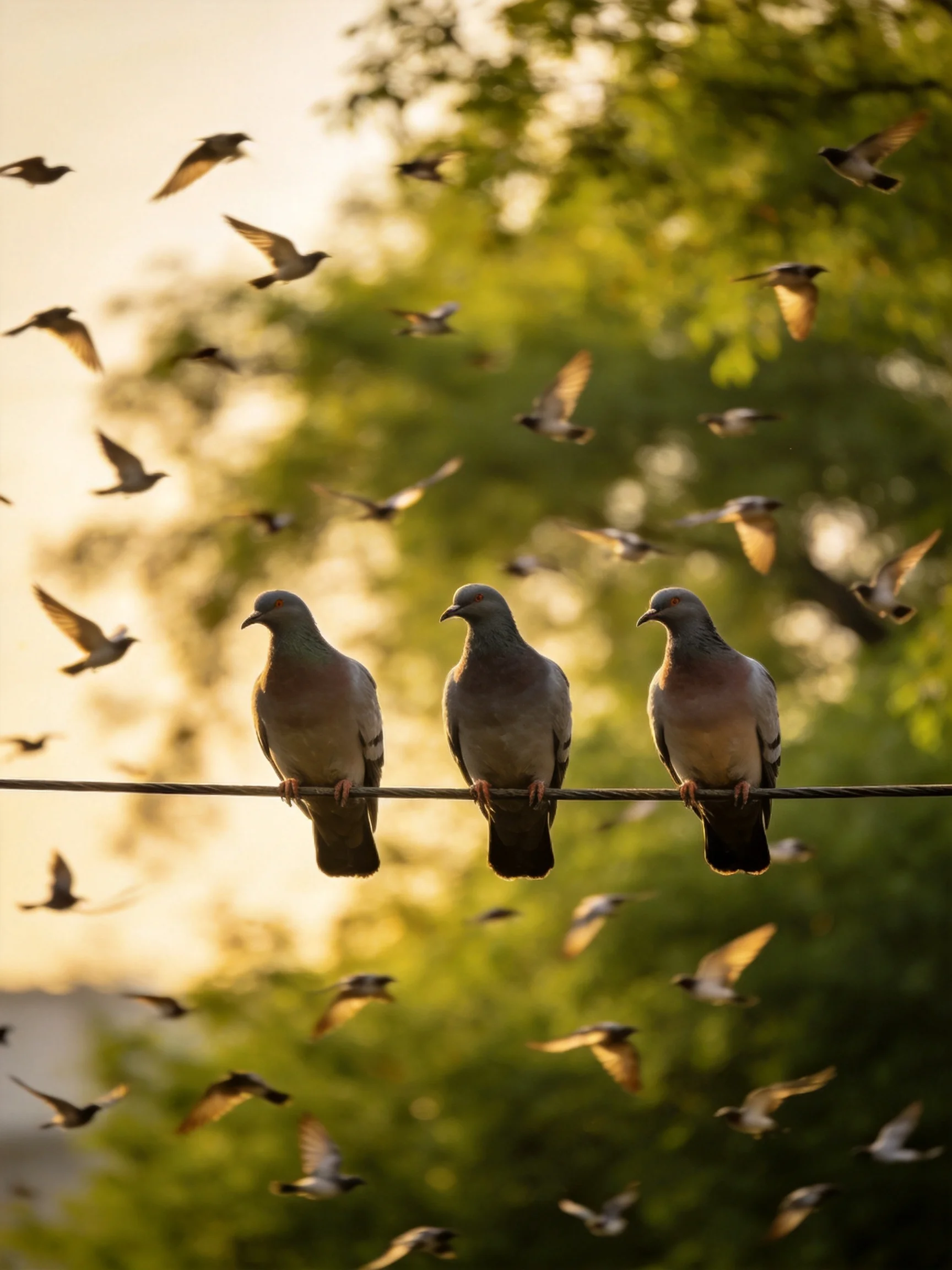 Three pigeons rest on a wire amid numerous flying birds and verdant foliage