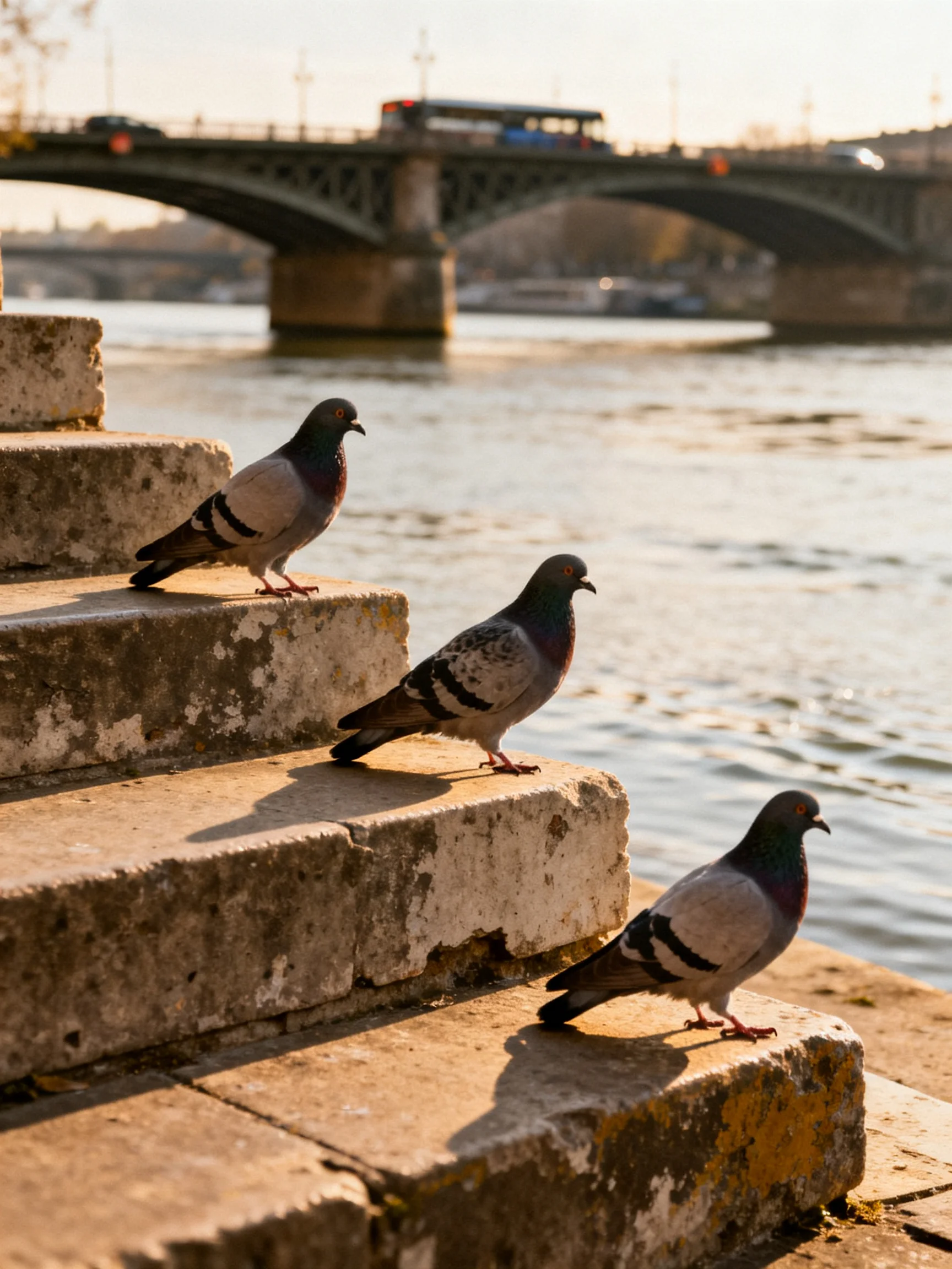 Three pigeons rest on weathered stone steps near a calm river with a bridge