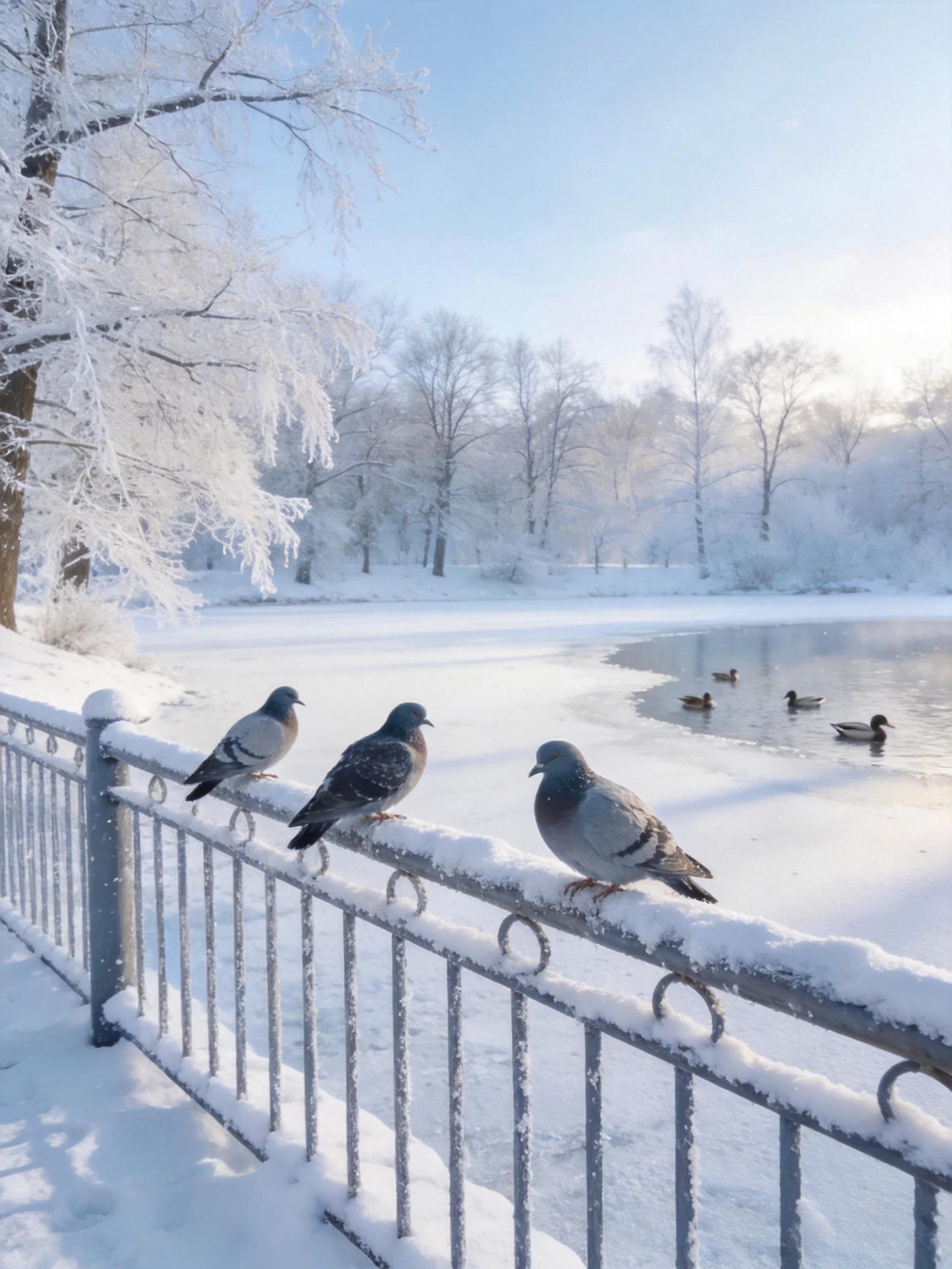 Three pigeons sit on a snow-covered fence near a frozen lake with ducks.