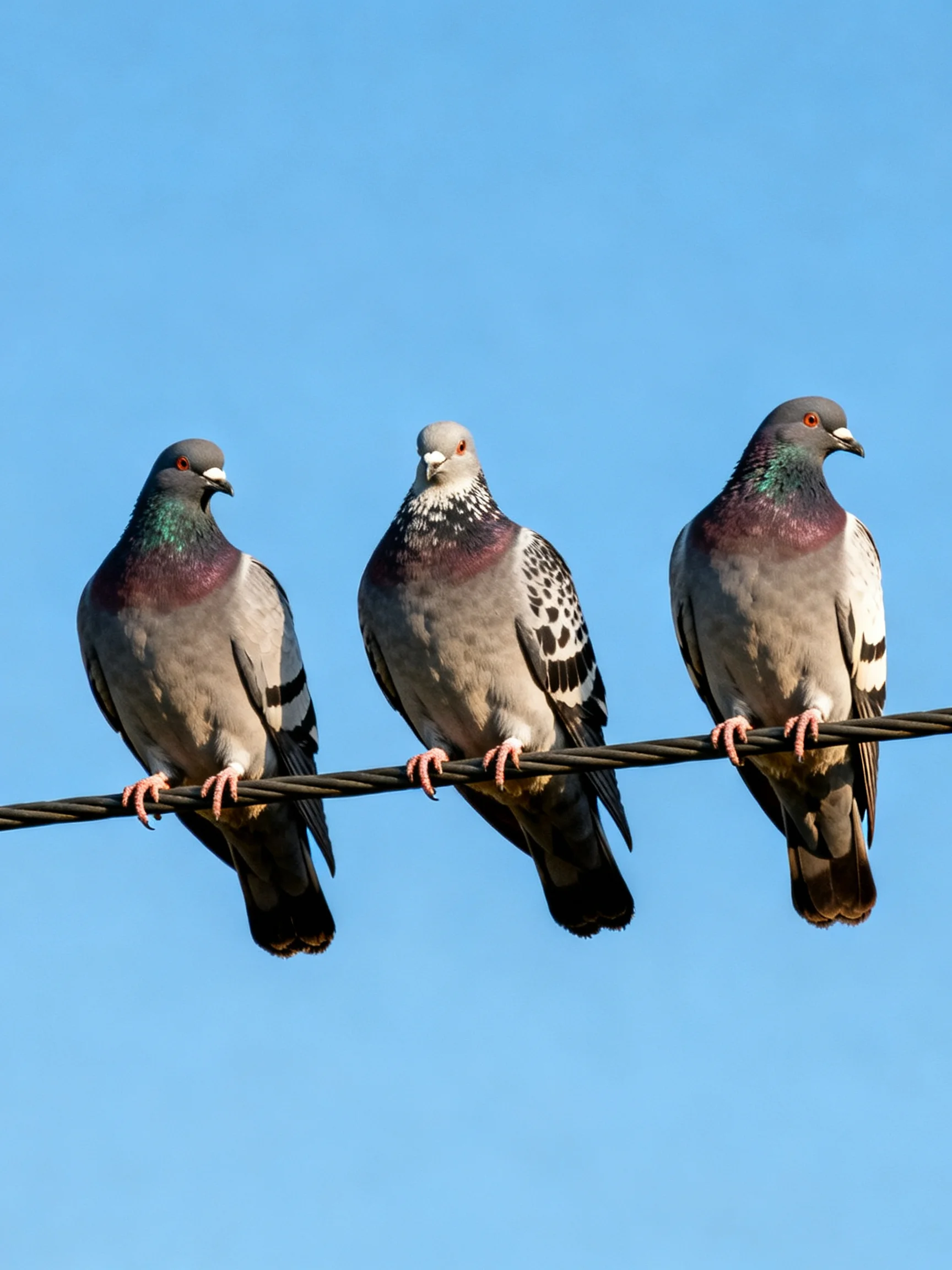 Three pigeons sit on a wire with diverse colored plumage against a clear blue sky