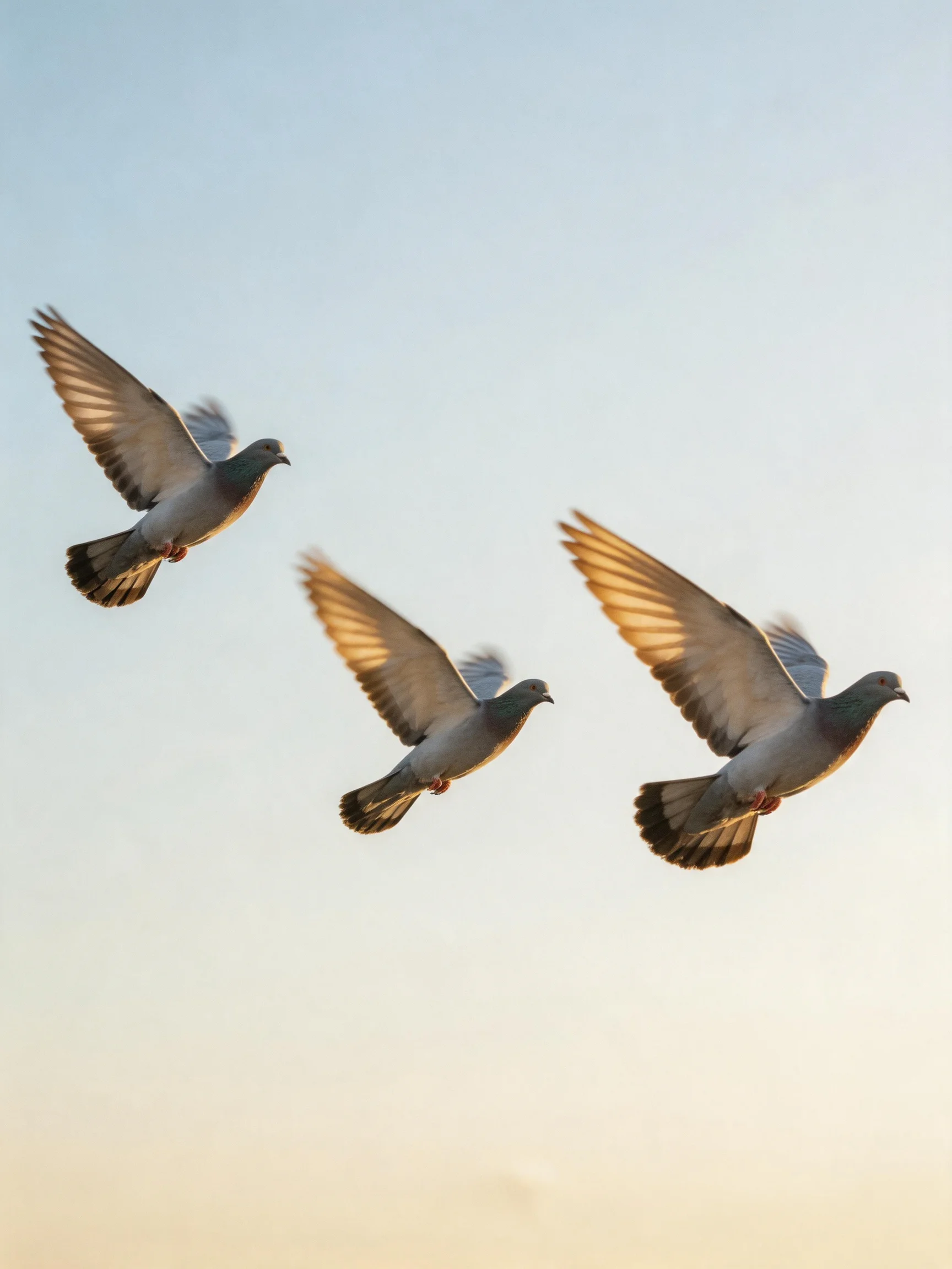 Three pigeons soar gracefully against a soft gradient sky