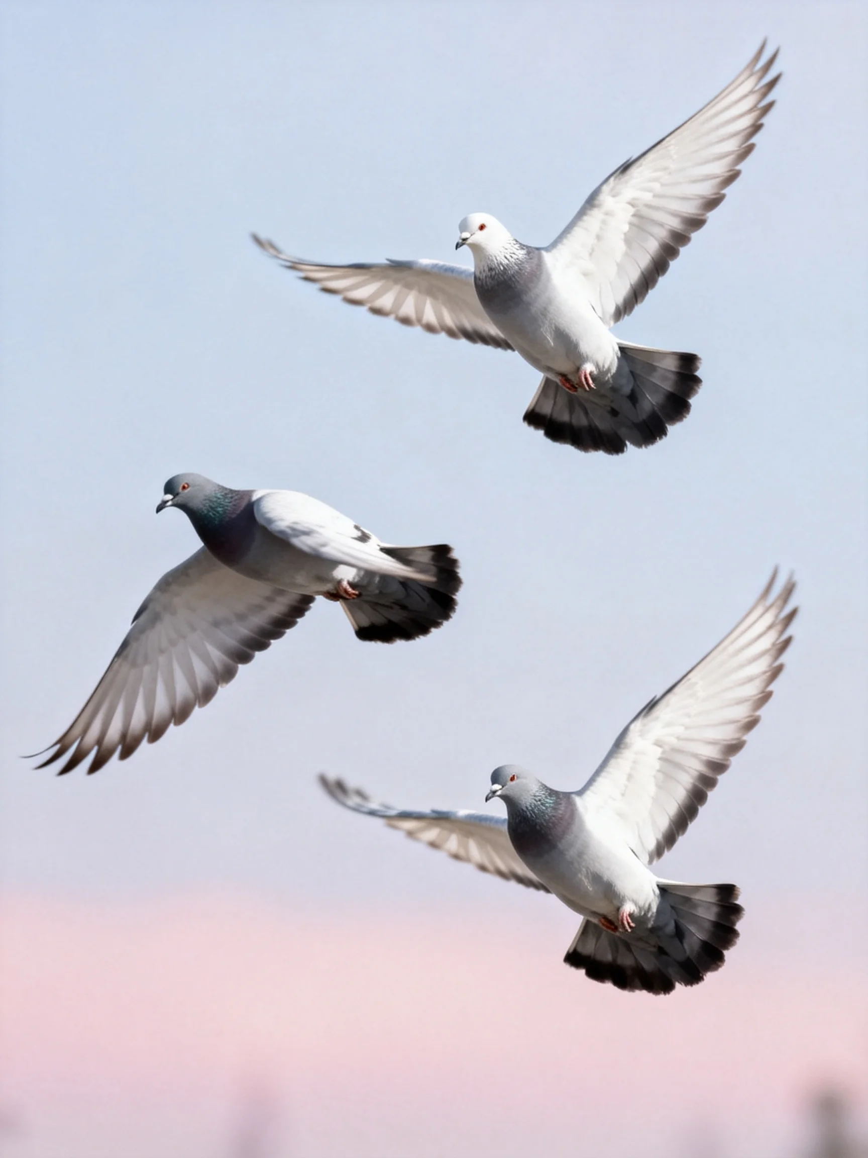 Three pigeons soar through a pale blue sky with diverse feather markings