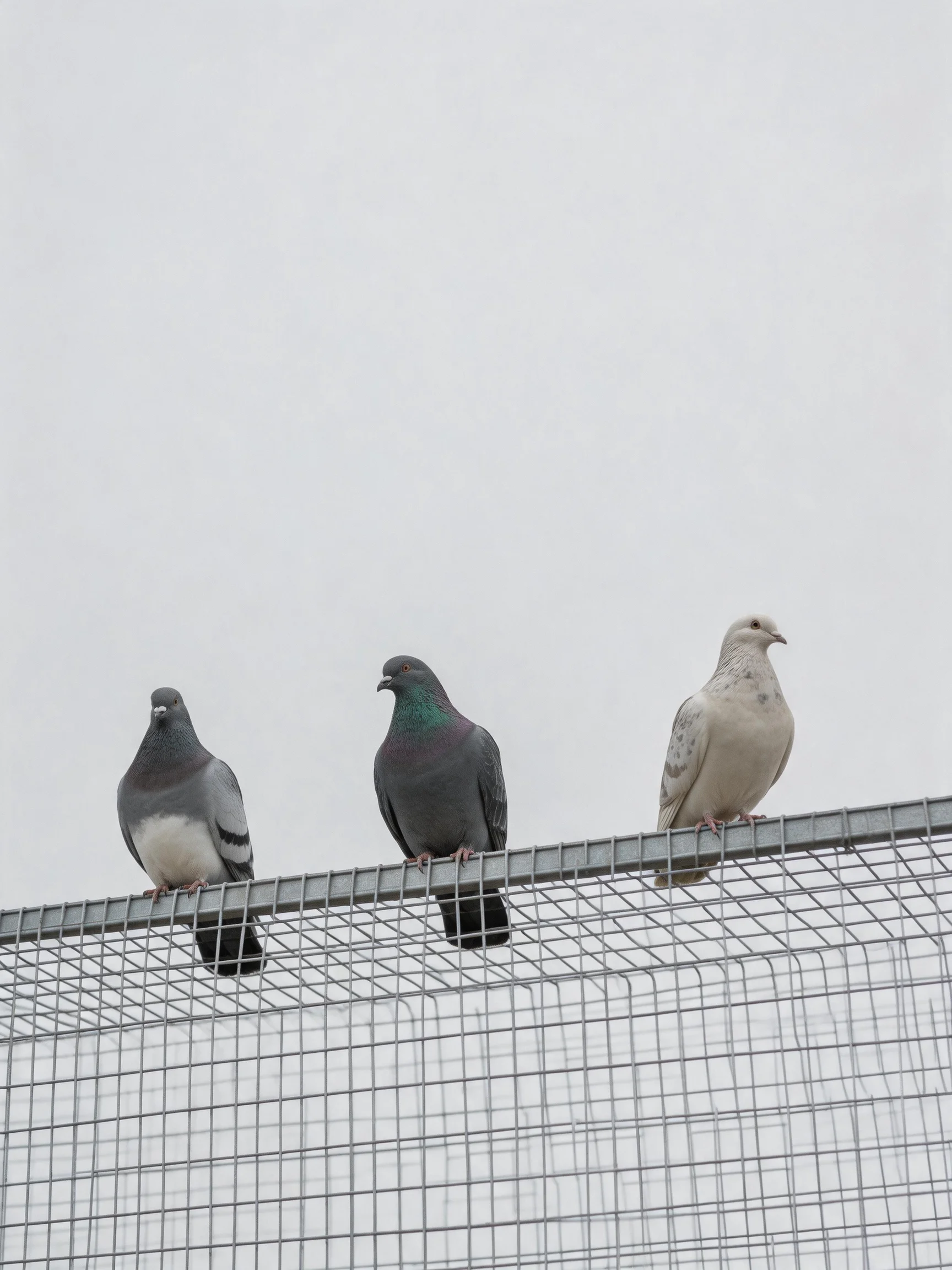 Three pigeons with diverse plumages sit on a wire mesh fence