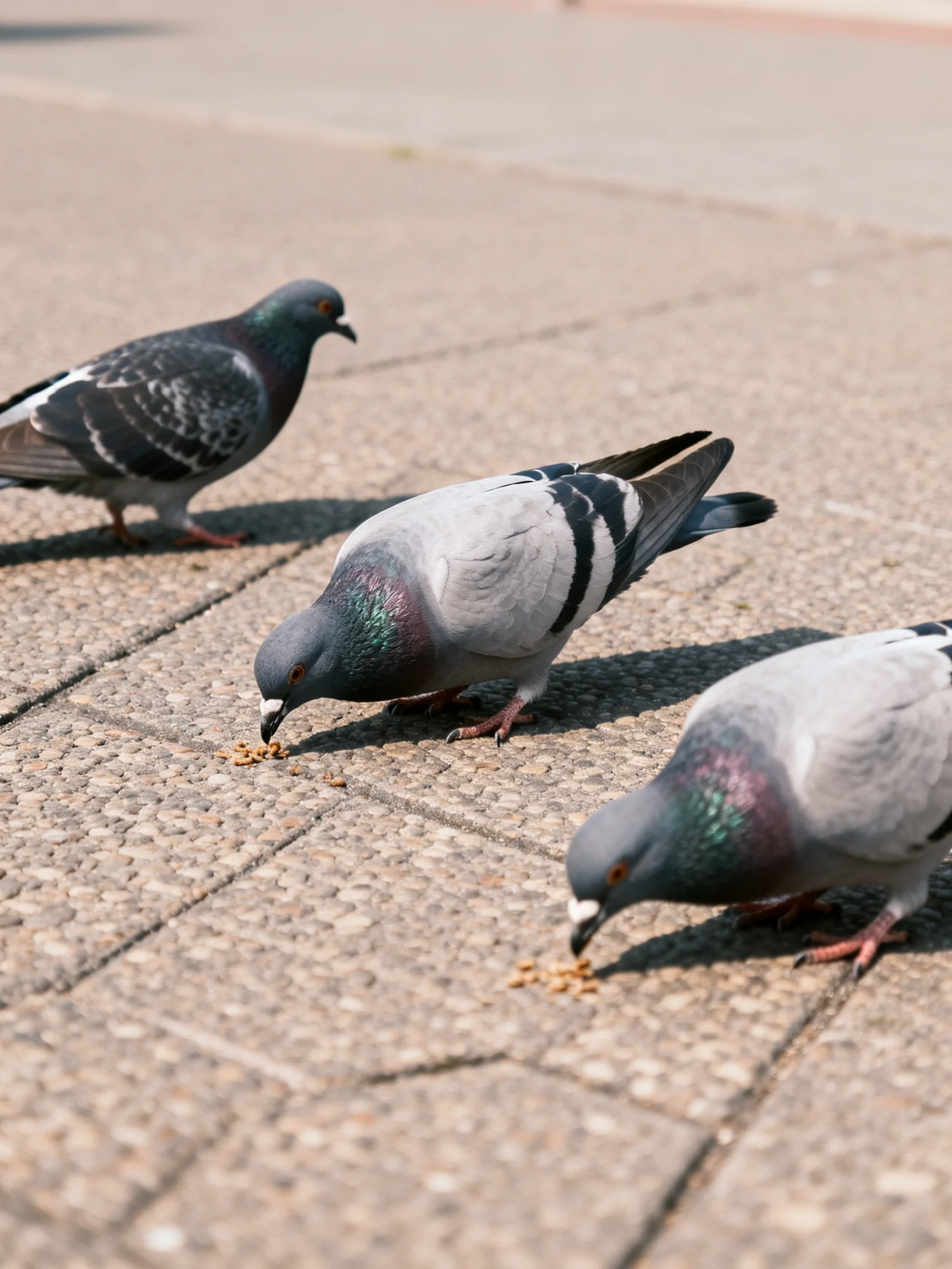 Three pigeons with gray and black plumage feeding on a stone pavement