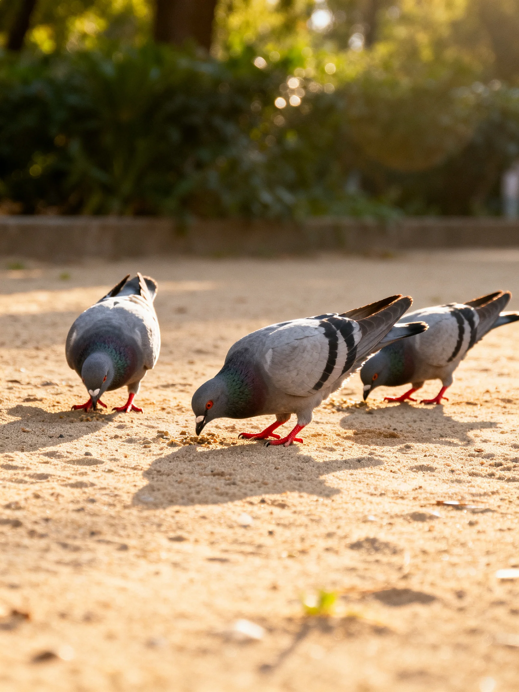 Three pigeons with gray feathers and black wing stripes pecking on sandy ground