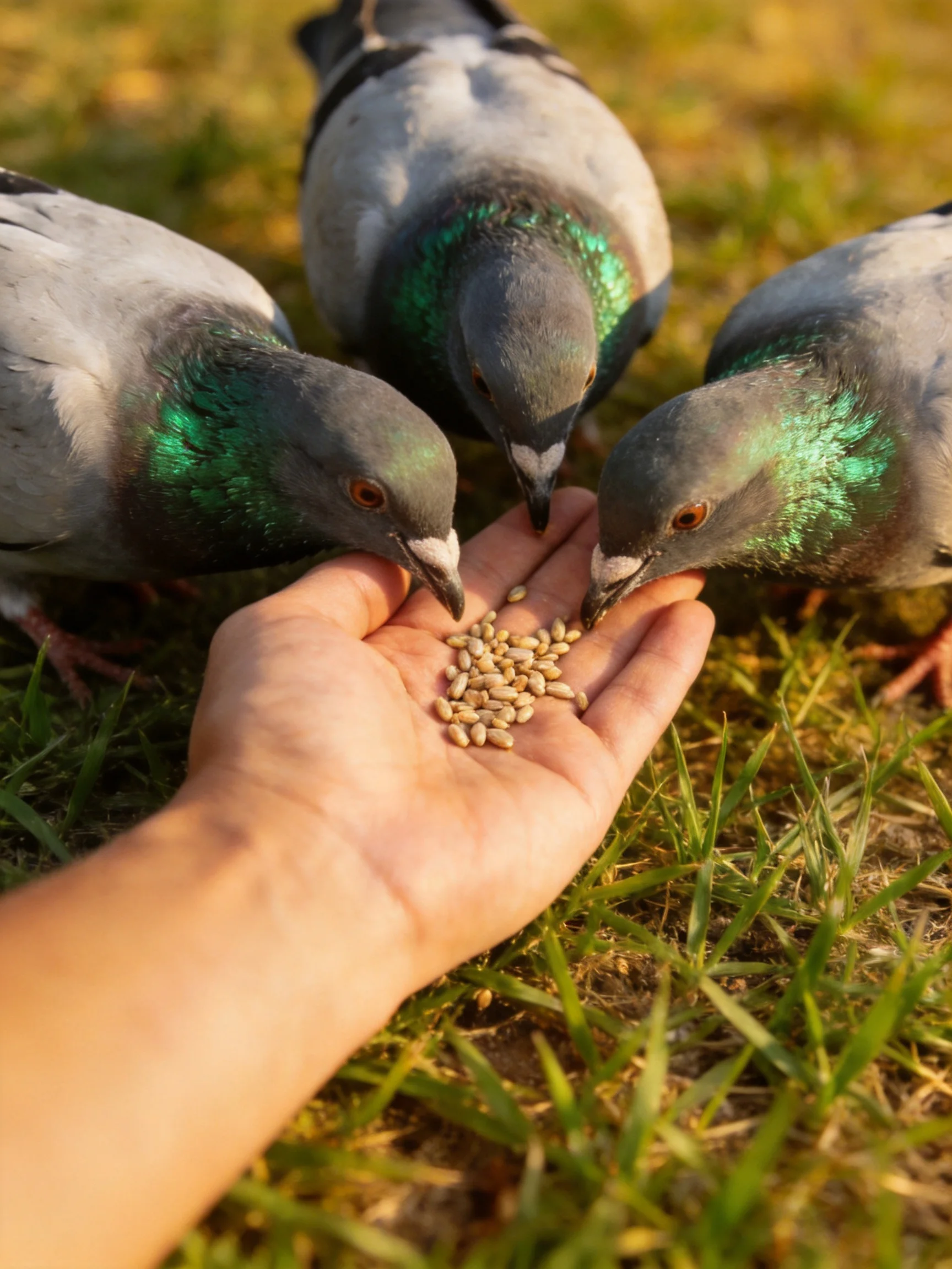 Three pigeons with green necks eat seeds from a hand on grass