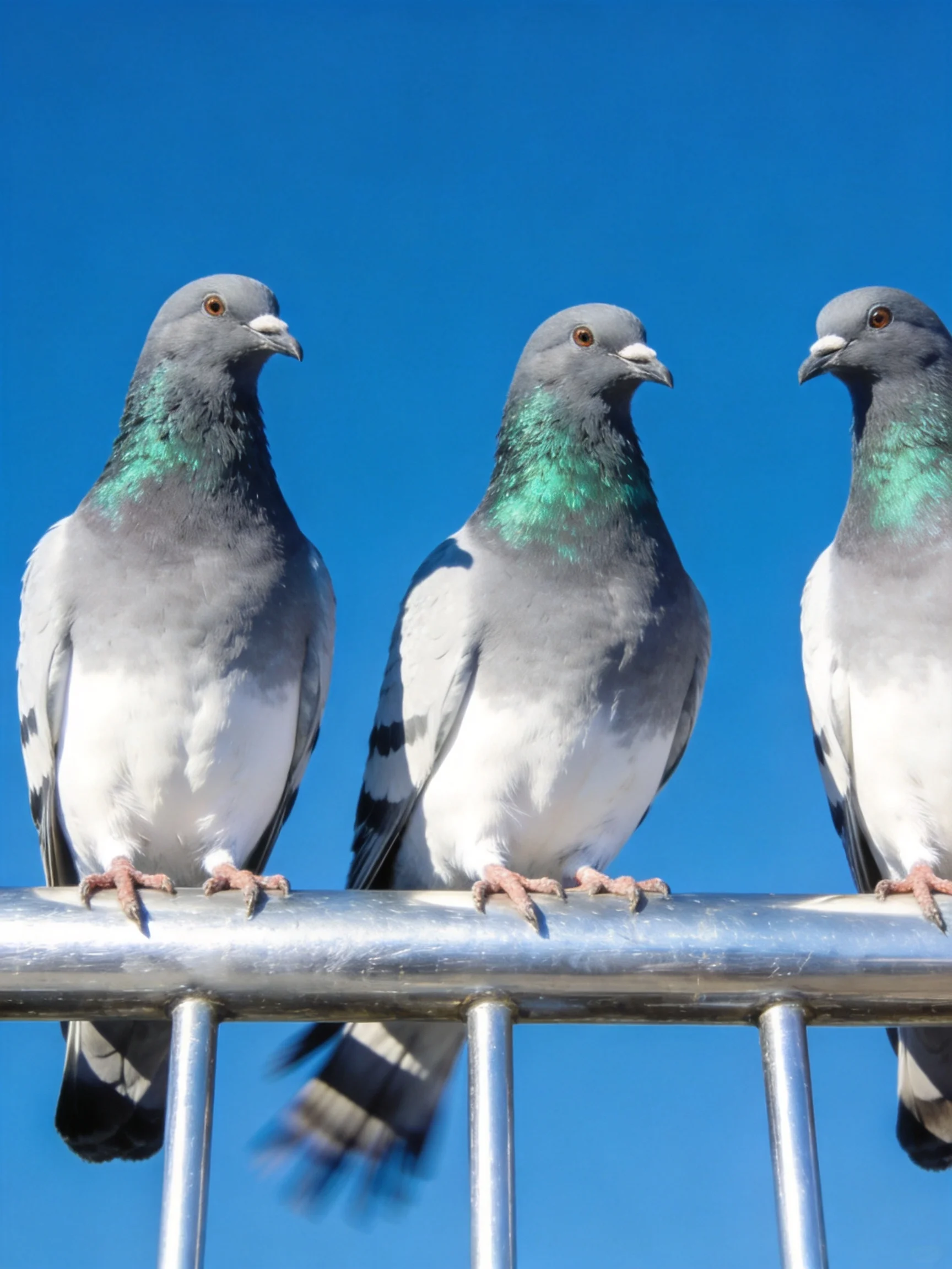 Three pigeons with iridescent green necks perch on a metallic railing under a clear blue sky