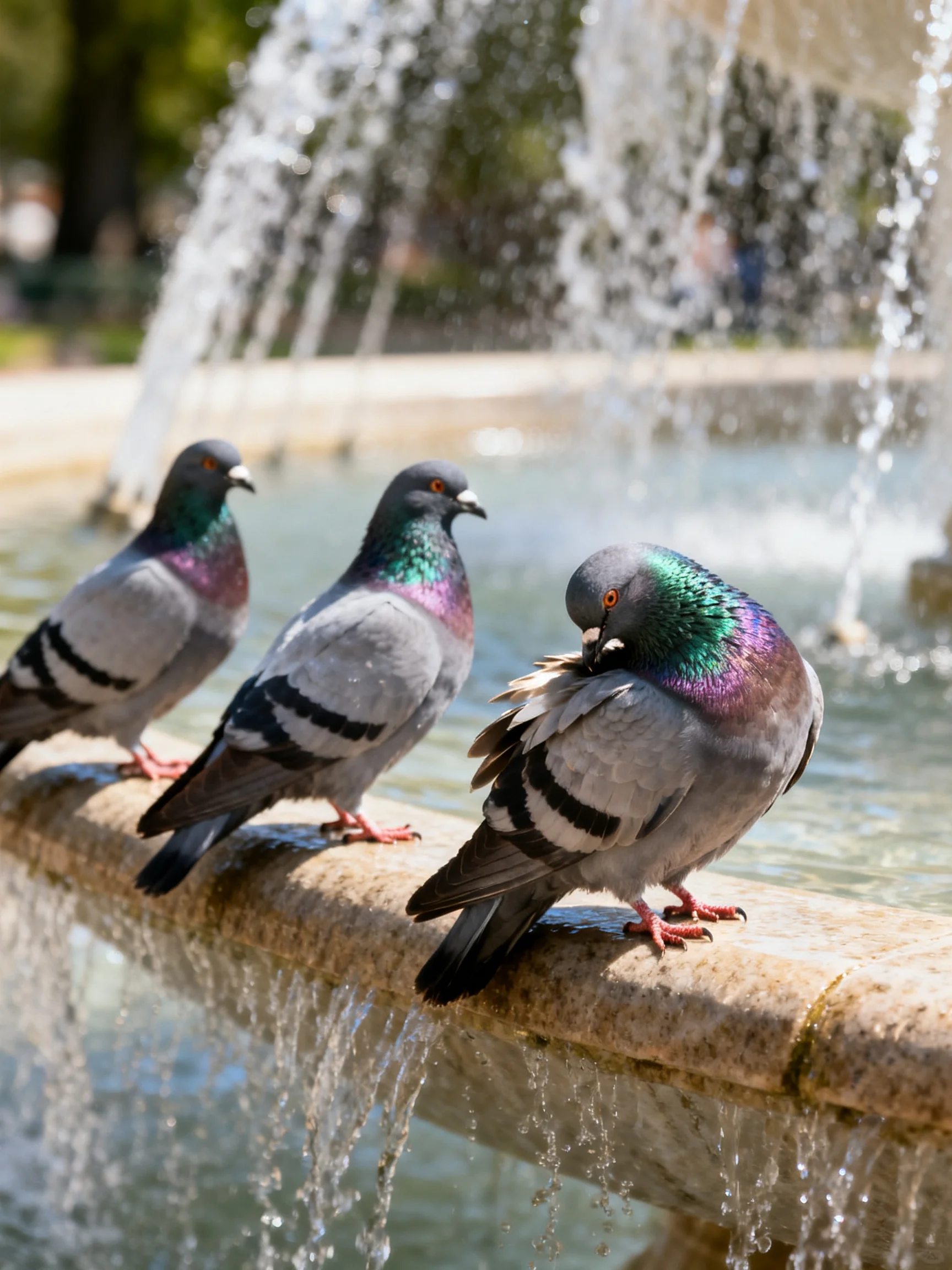 Three pigeons perch along a fountains edge with water spraying nearby.