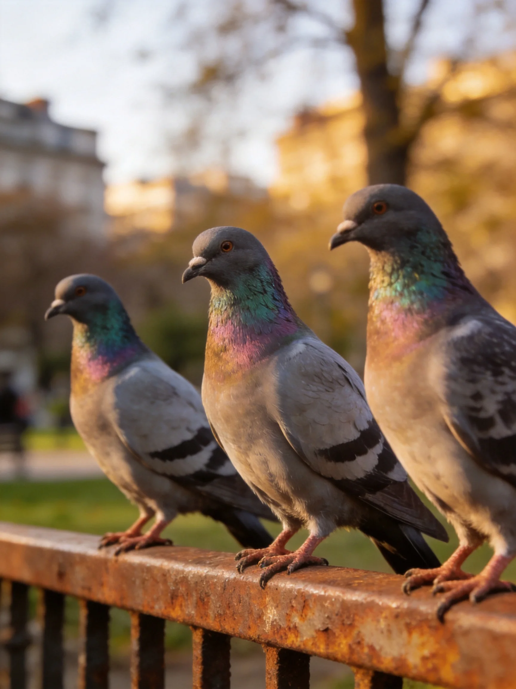 Three pigeons sit on a rusted fence in an outdoor park setting.