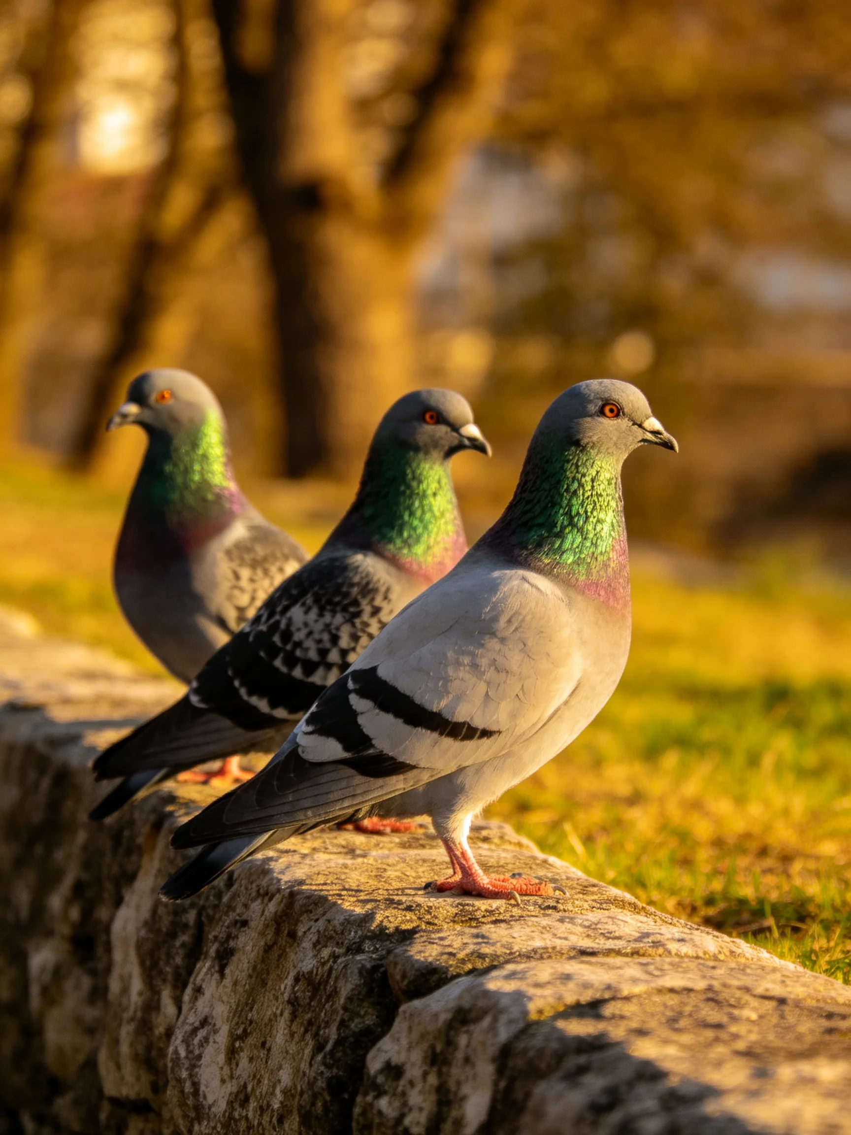 Three pigeons with iridescent necks perch on a weathered stone wall