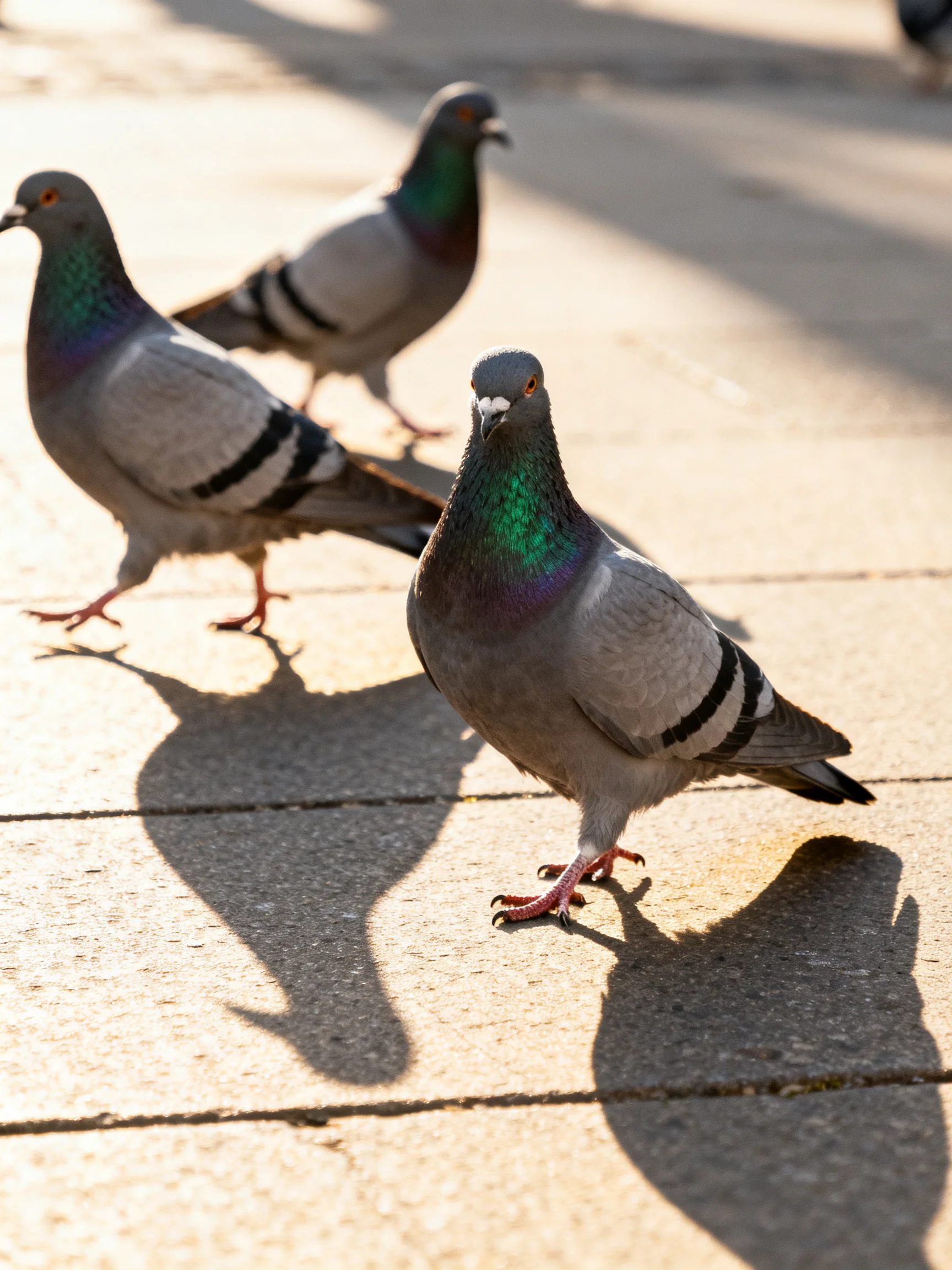 Three pigeons with iridescent necks walk on sunlit pavement