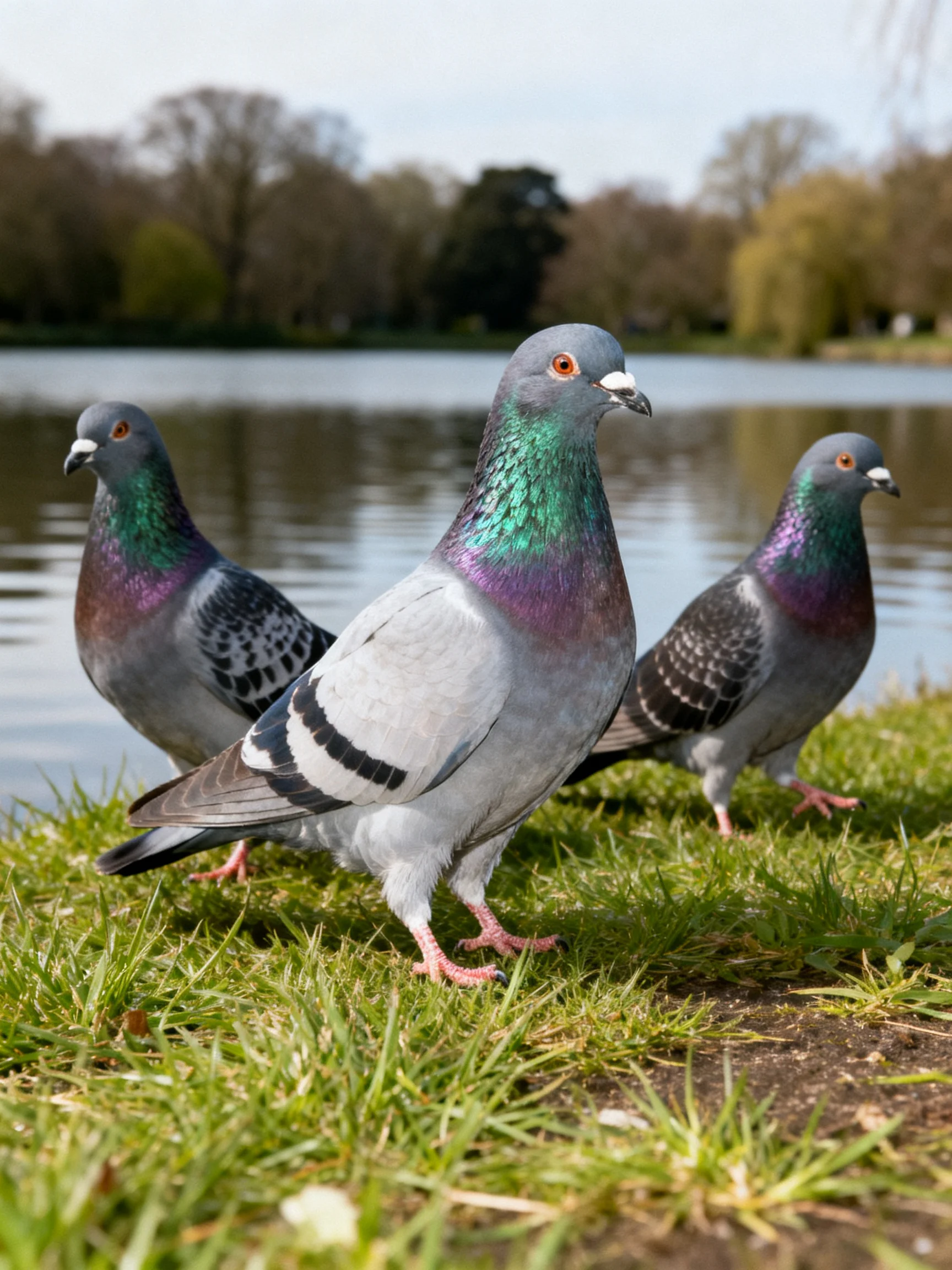 Three pigeons with iridescent plumage by a calm lake