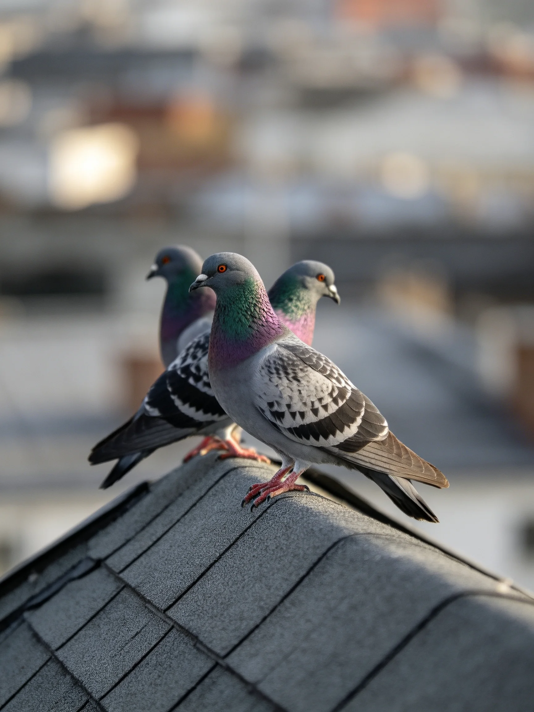 Three pigeons with iridescent plumage perch on a shingled rooftop