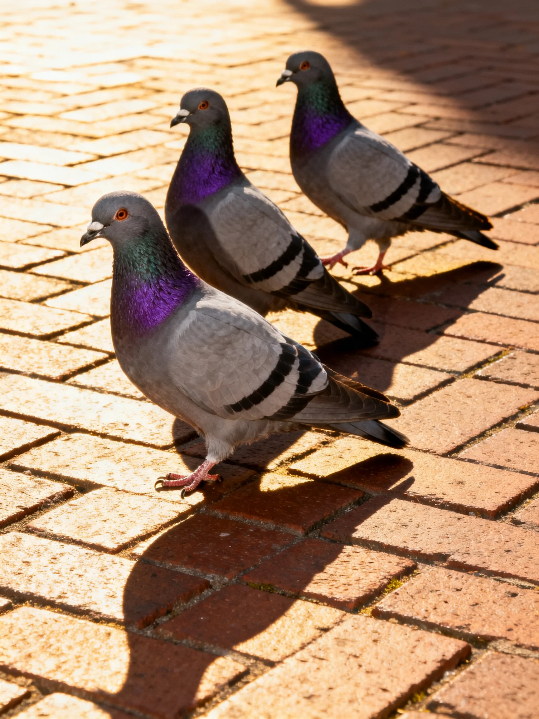 Three pigeons walk along a sunlit brick pavement.