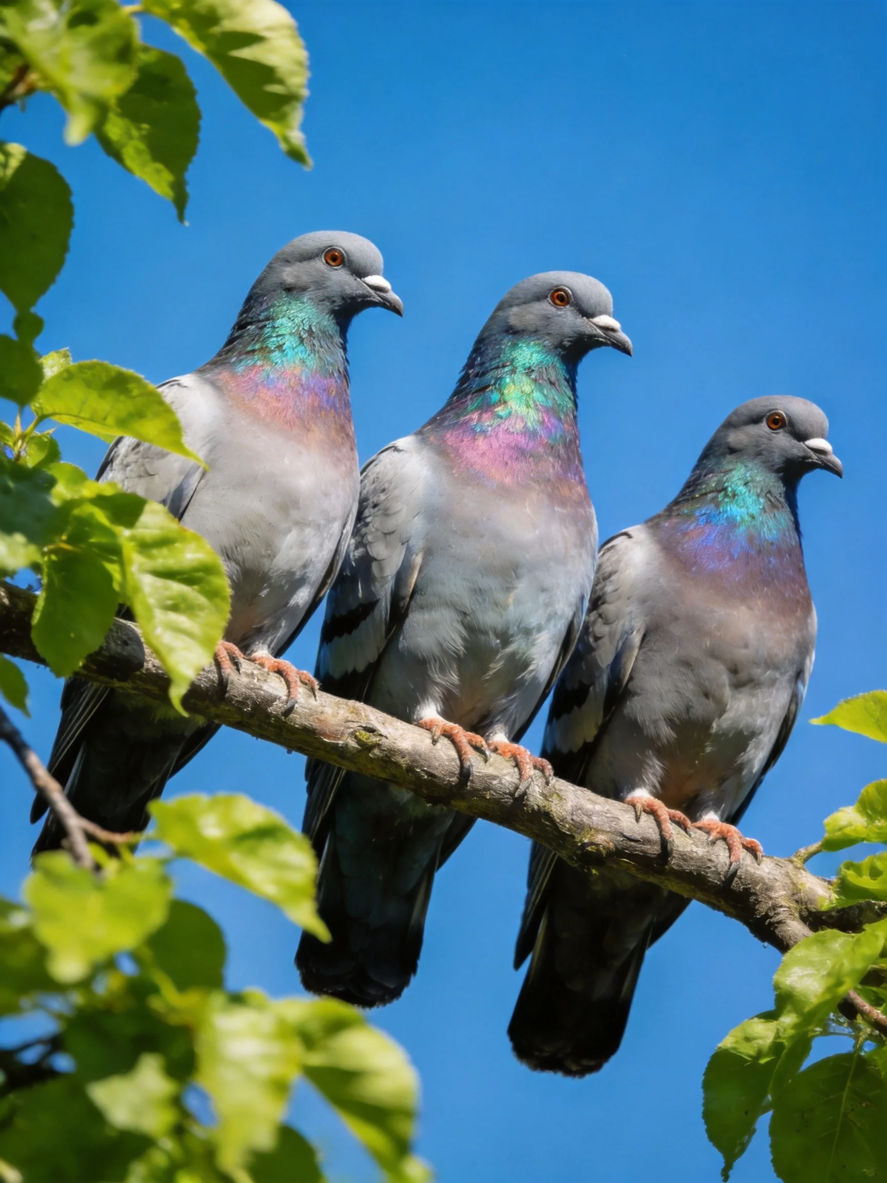 Three pigeons with iridescent teal and purple necks perch on a tree branch