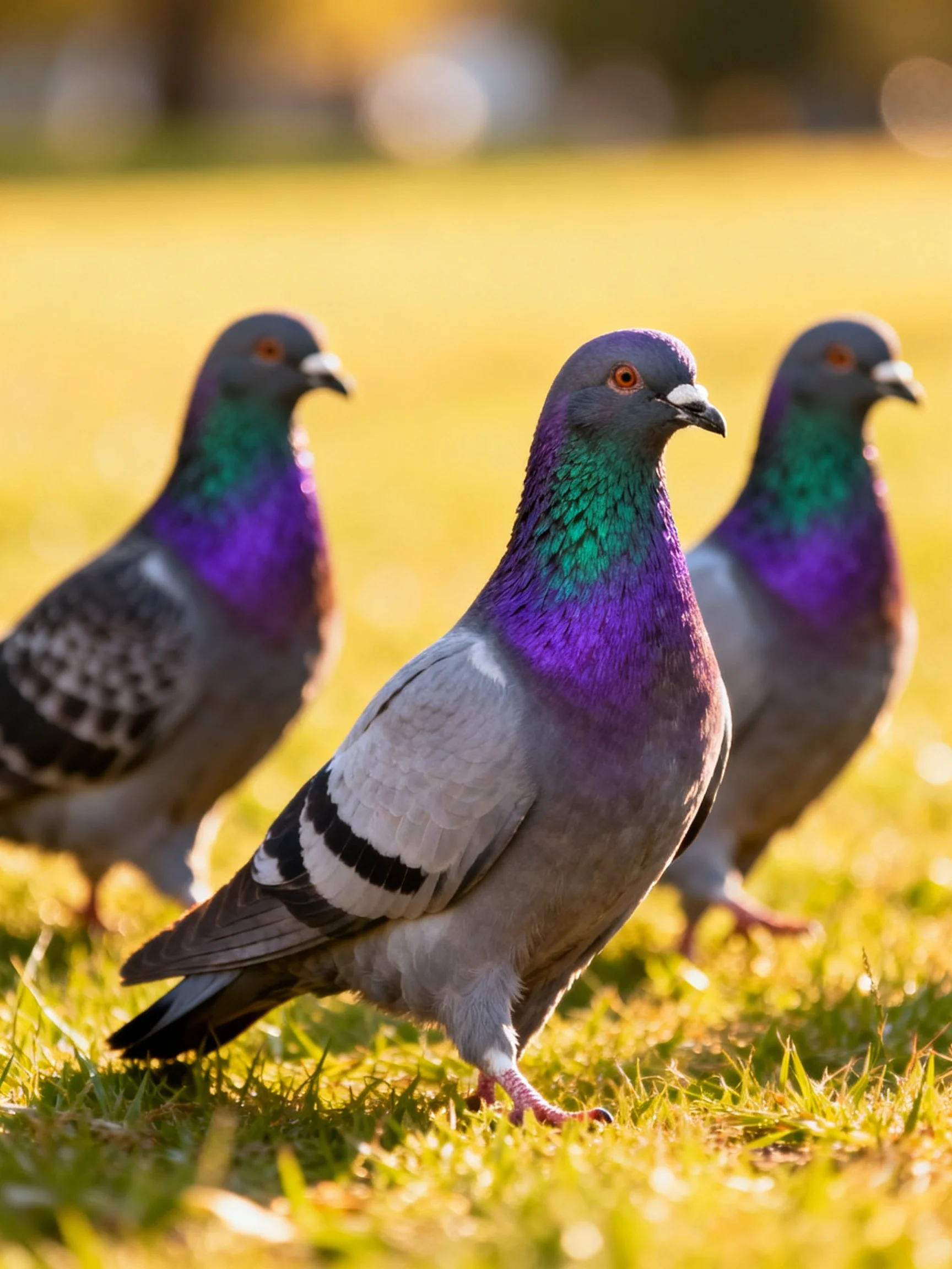 Three pigeons with purple-green necks walk on sunlit grass