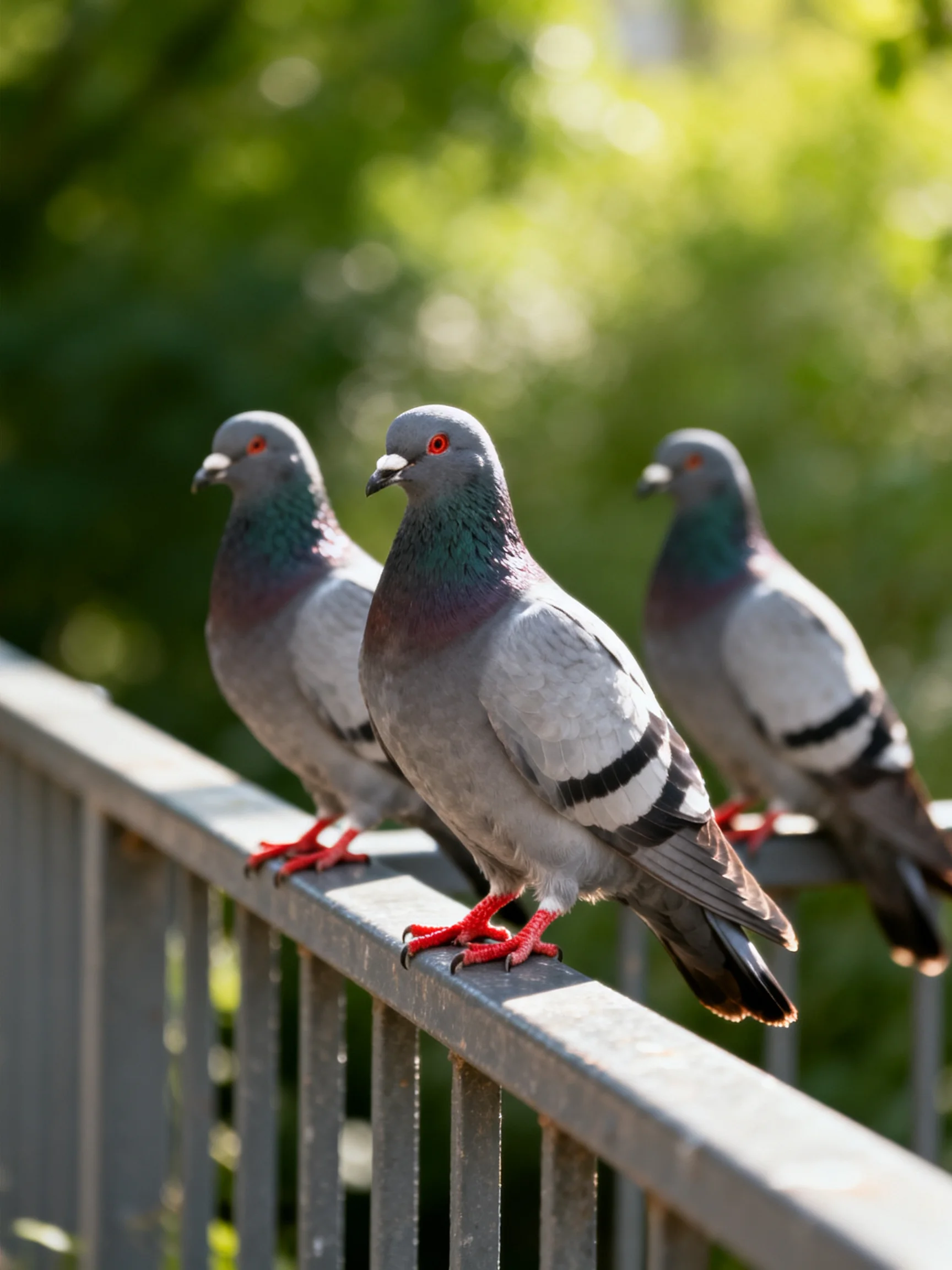 Three pigeons with red feet sit on a metal railing near green foliage