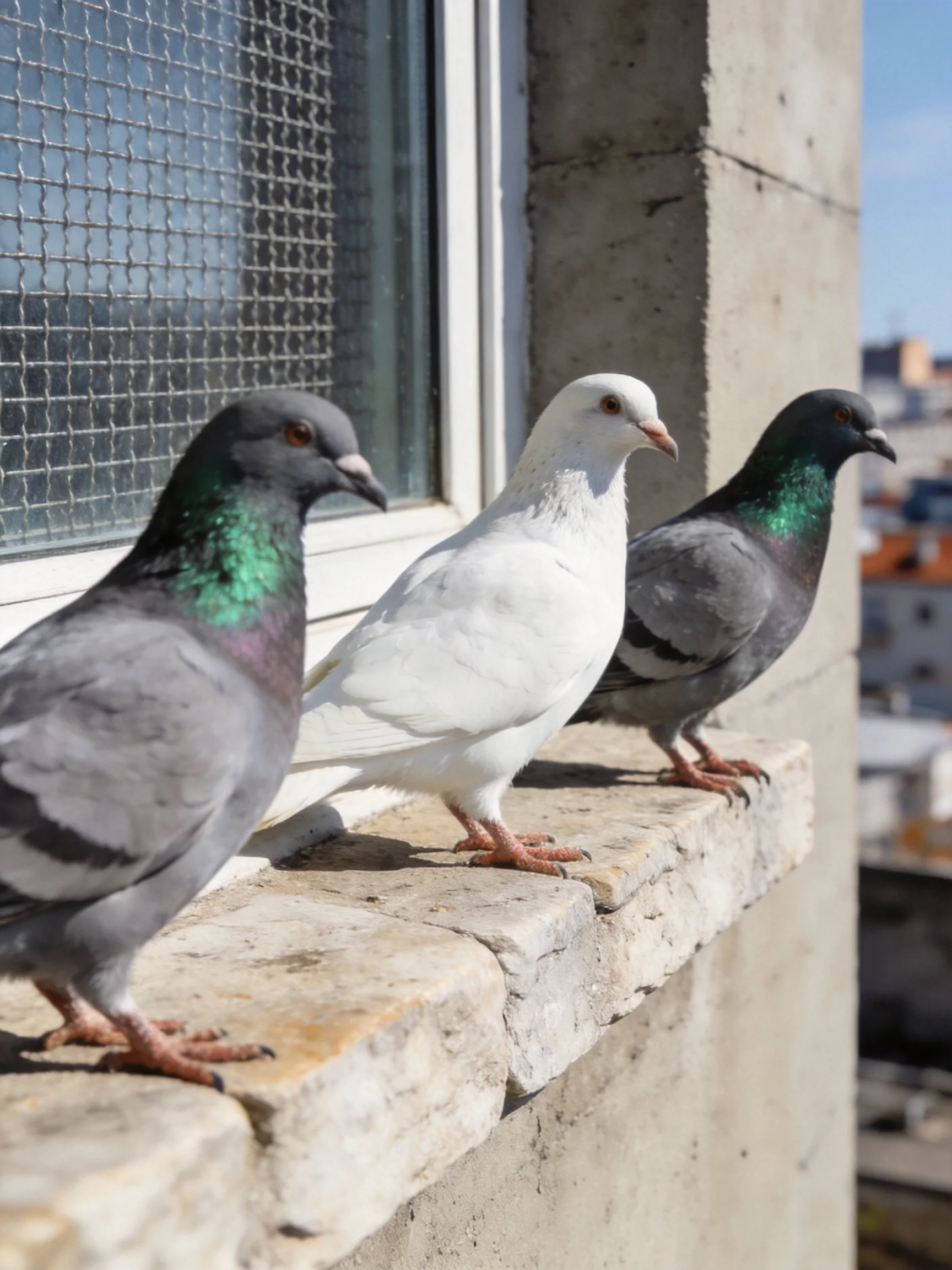 Three pigeons—with two gray and one white—one perched on a stone windowsill