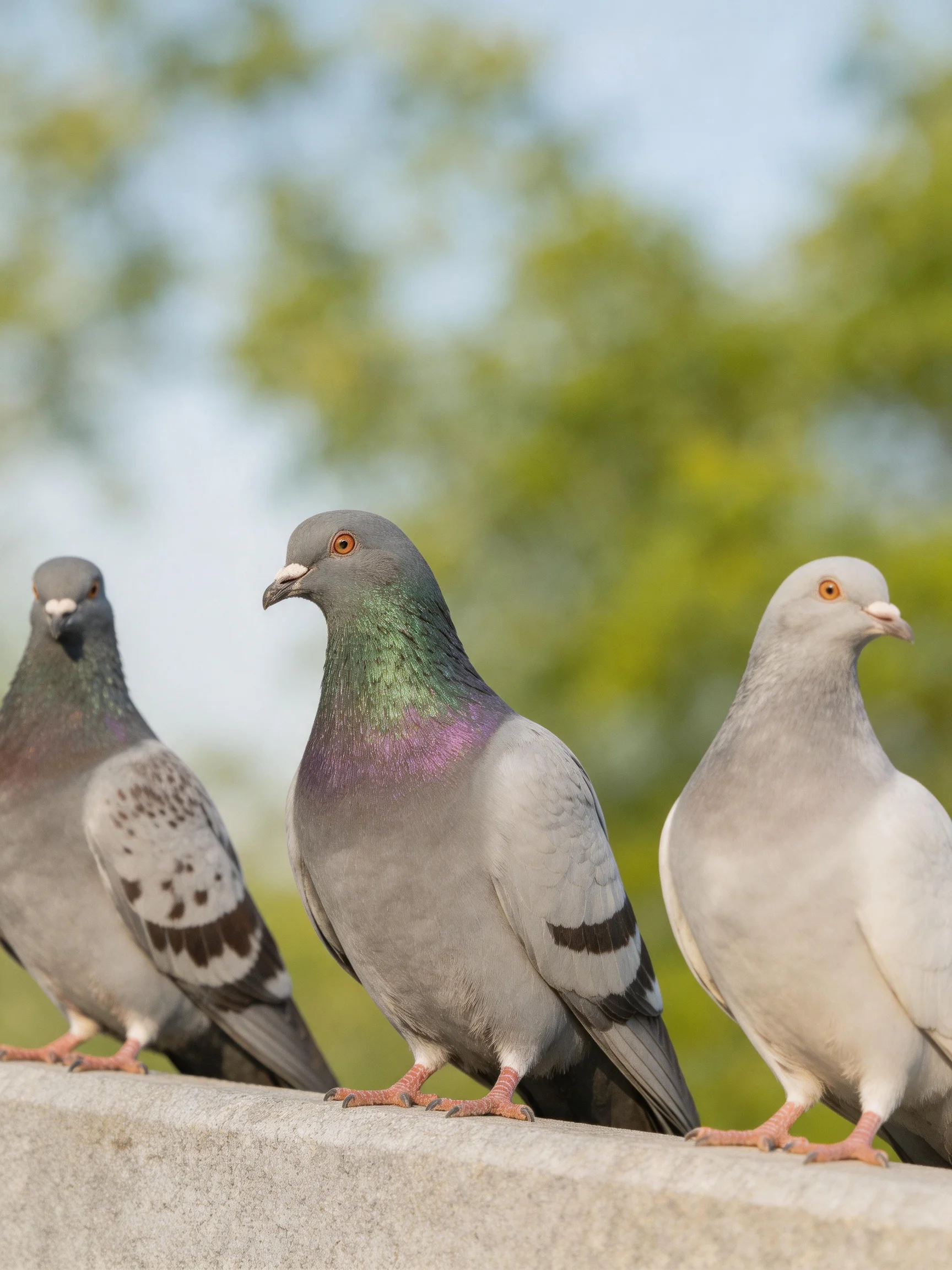 Three pigeons with varied plumage rest on a concrete ledge