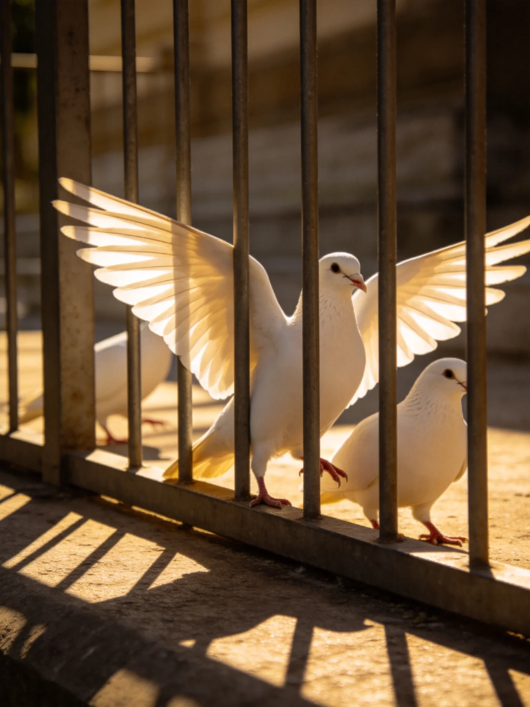 Three white doves near dark metal bars in golden sunlight