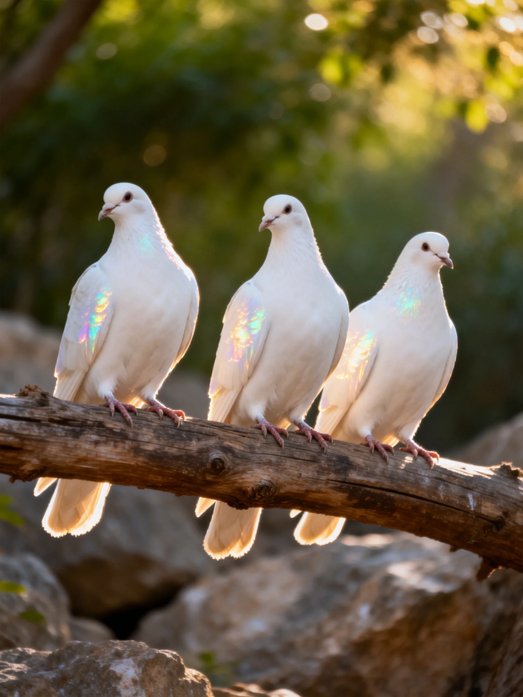 Three white doves perch on a weathered wooden branch amid greenery