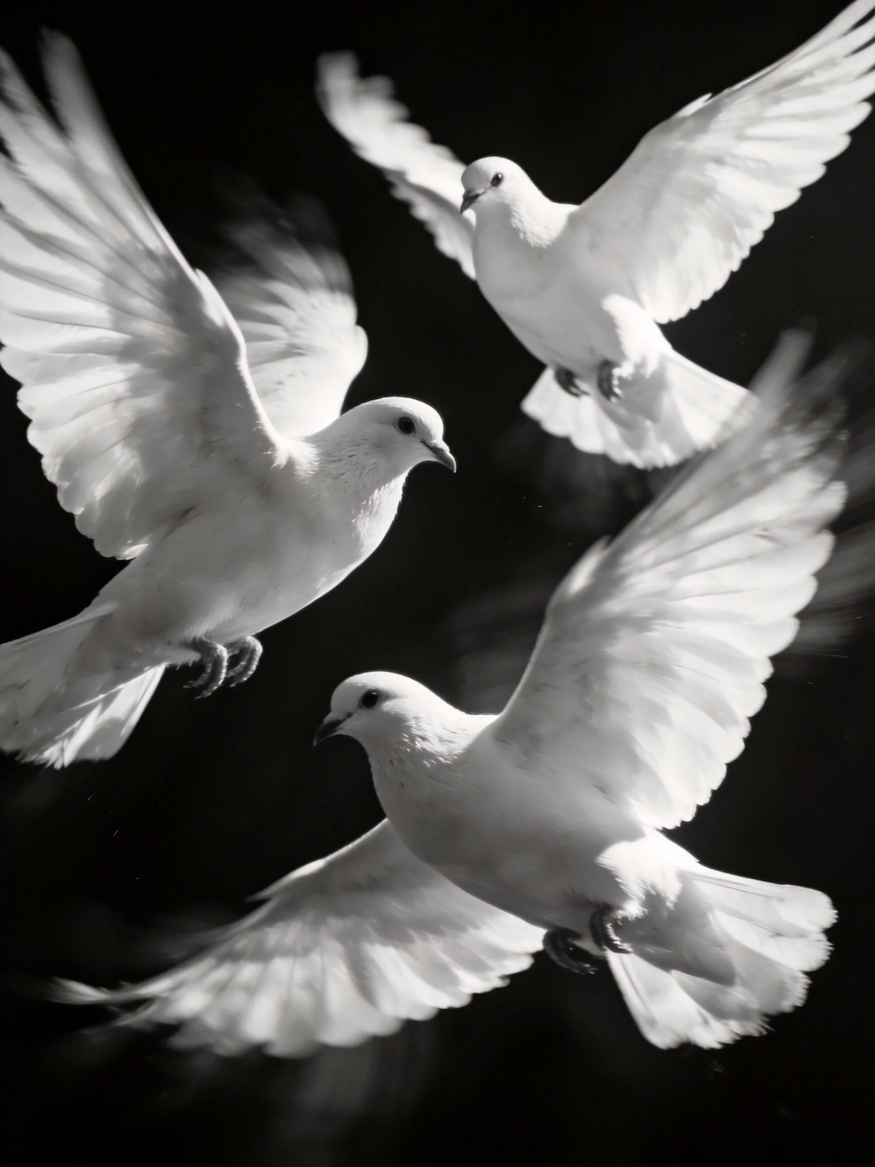 Three white doves soaring against a dark backdrop