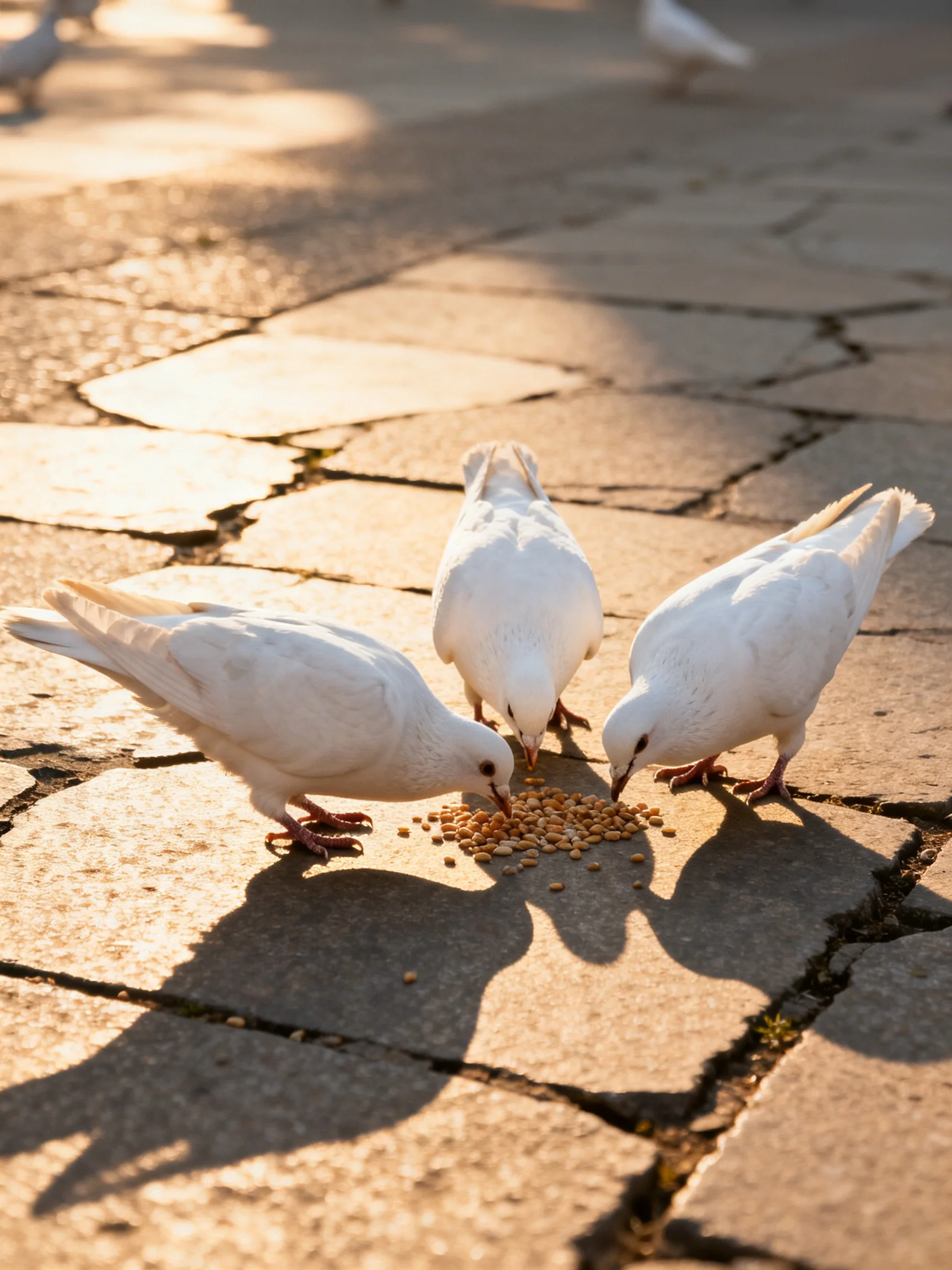 Three white pigeons feeding on seeds on sunlit stone pavement